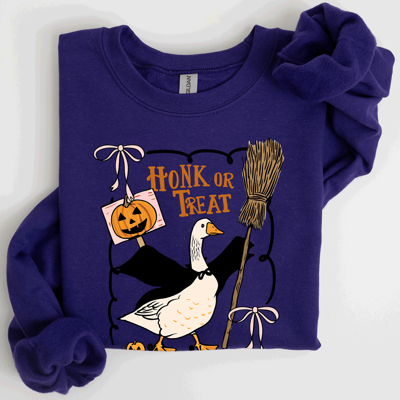 Honk Or Treat Cute Goose Halloween Witch Cozy Graphic Vintage Print Deluxe Sweatshirt