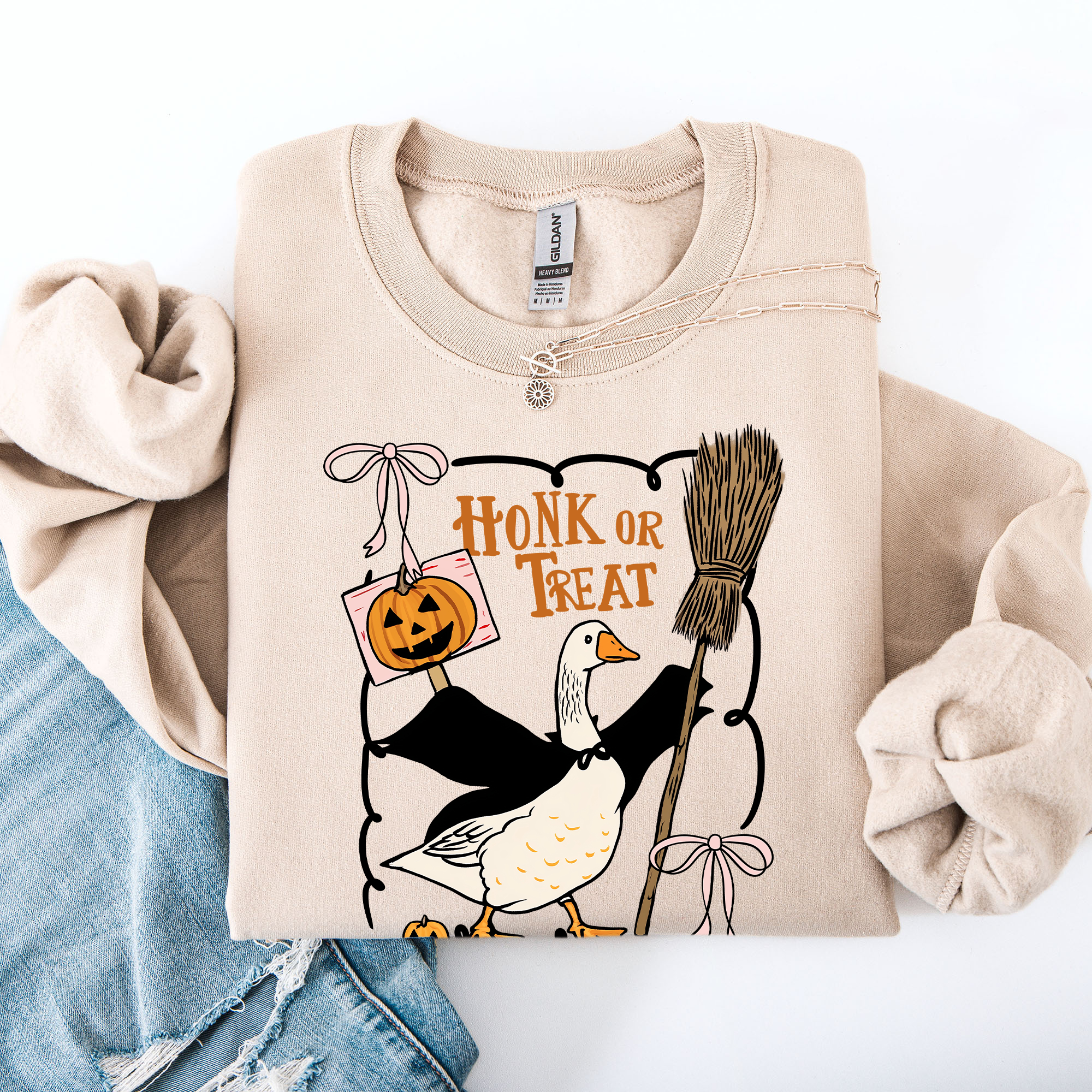 Honk Or Treat Cute Goose Halloween Witch Cozy Graphic Vintage Print Deluxe Sweatshirt