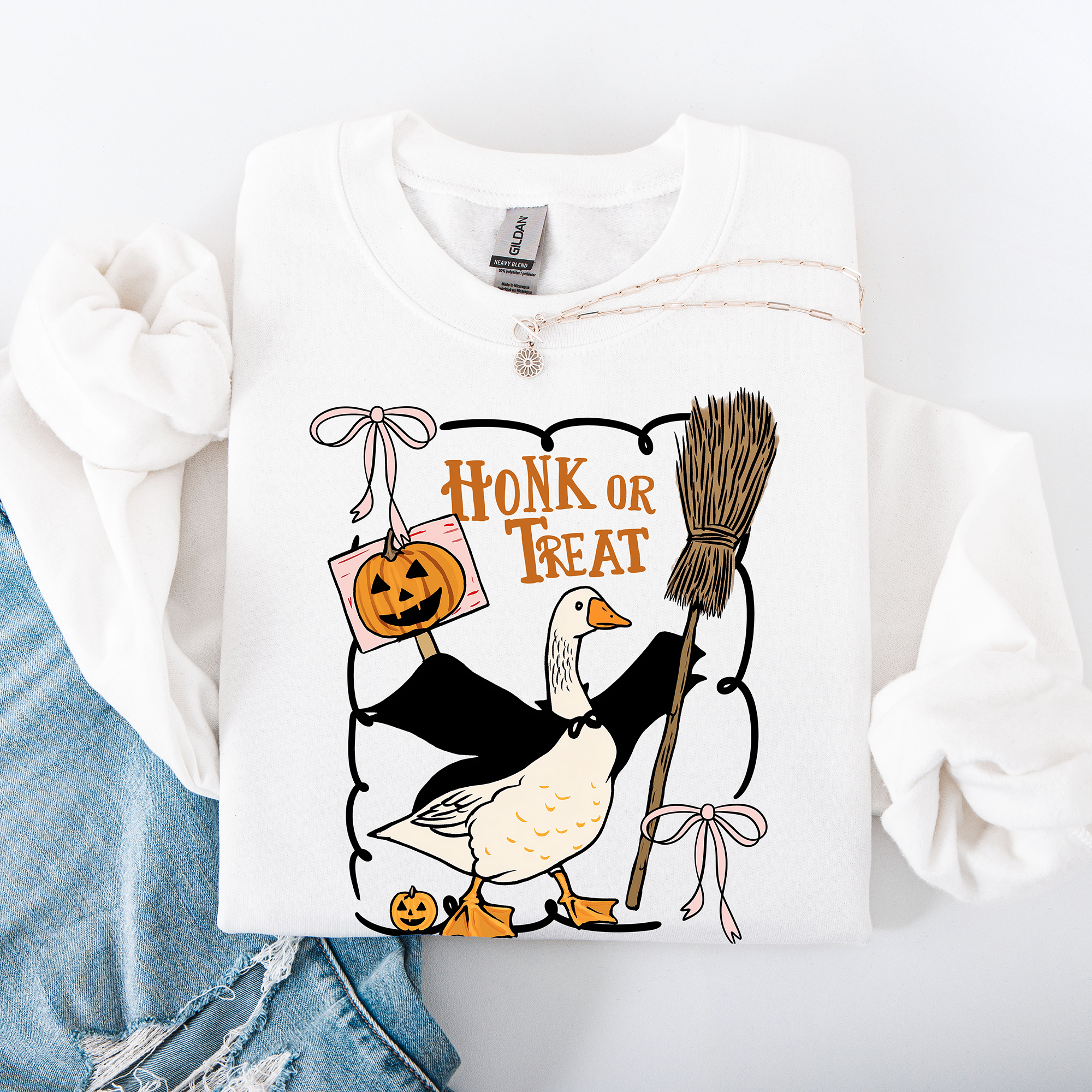 Honk Or Treat Cute Goose Halloween Witch Cozy Graphic Vintage Print Deluxe Sweatshirt