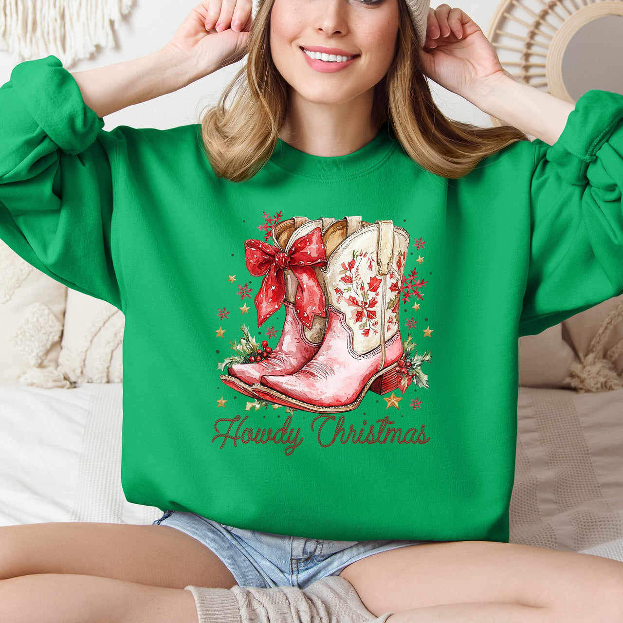Howdy Christmas Cowboy Boots Santa Western Country Holiday Style Graphic Sweatshirt