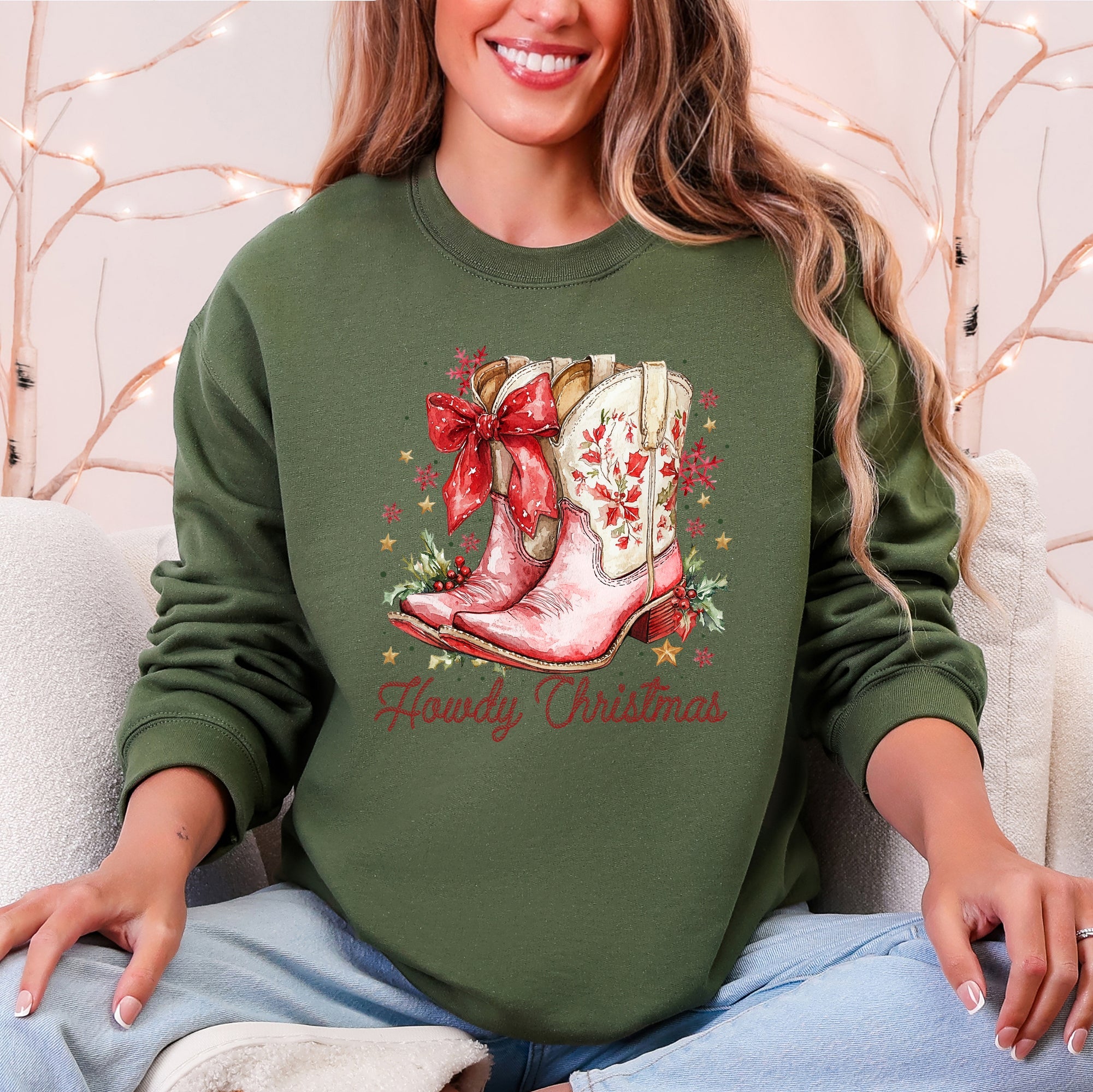 Howdy Christmas Cowboy Boots Santa Western Country Holiday Style Graphic Sweatshirt