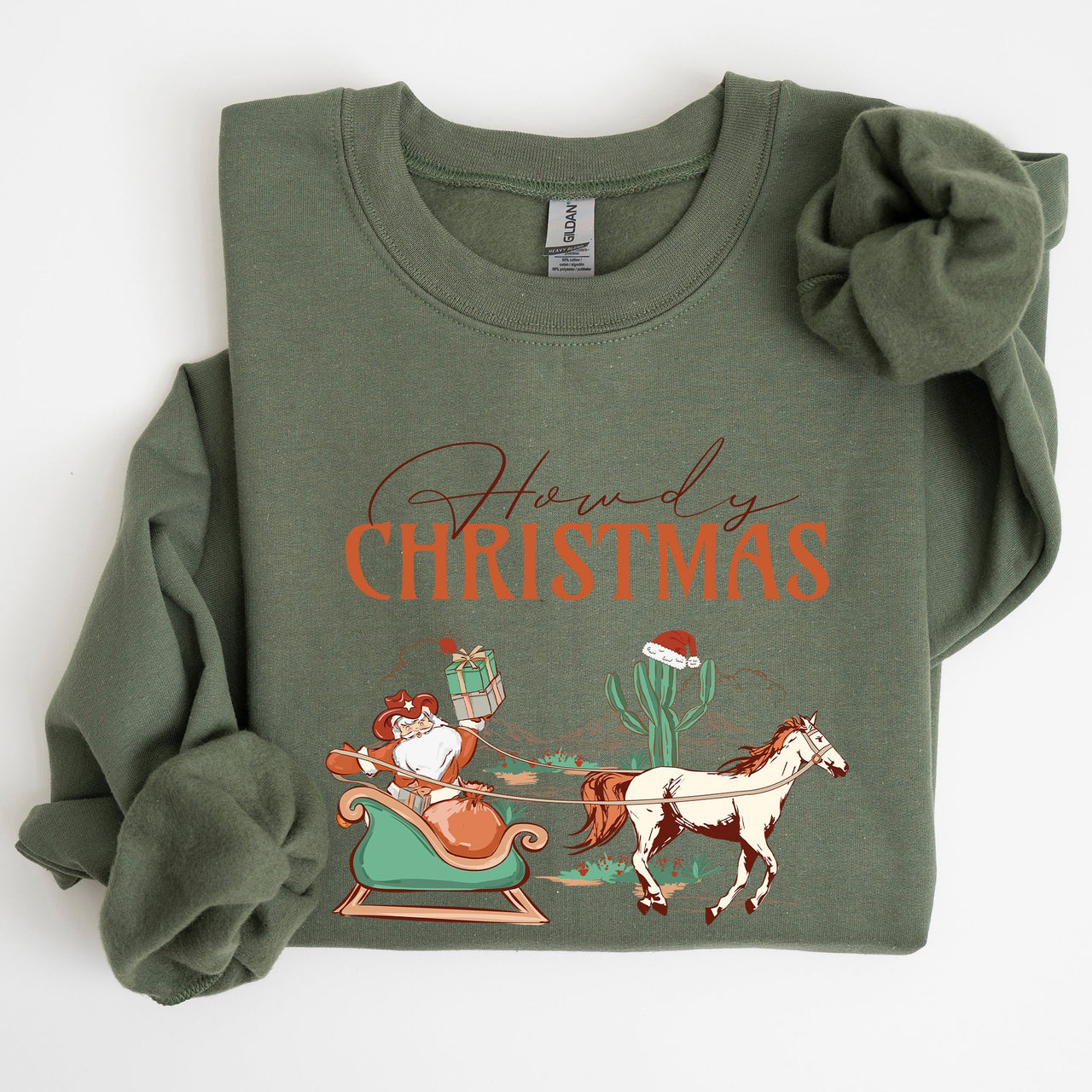 Howdy Christmas Cowboy Santa Western Sleigh Horse Country Xmas Seasonal Sweatshirt