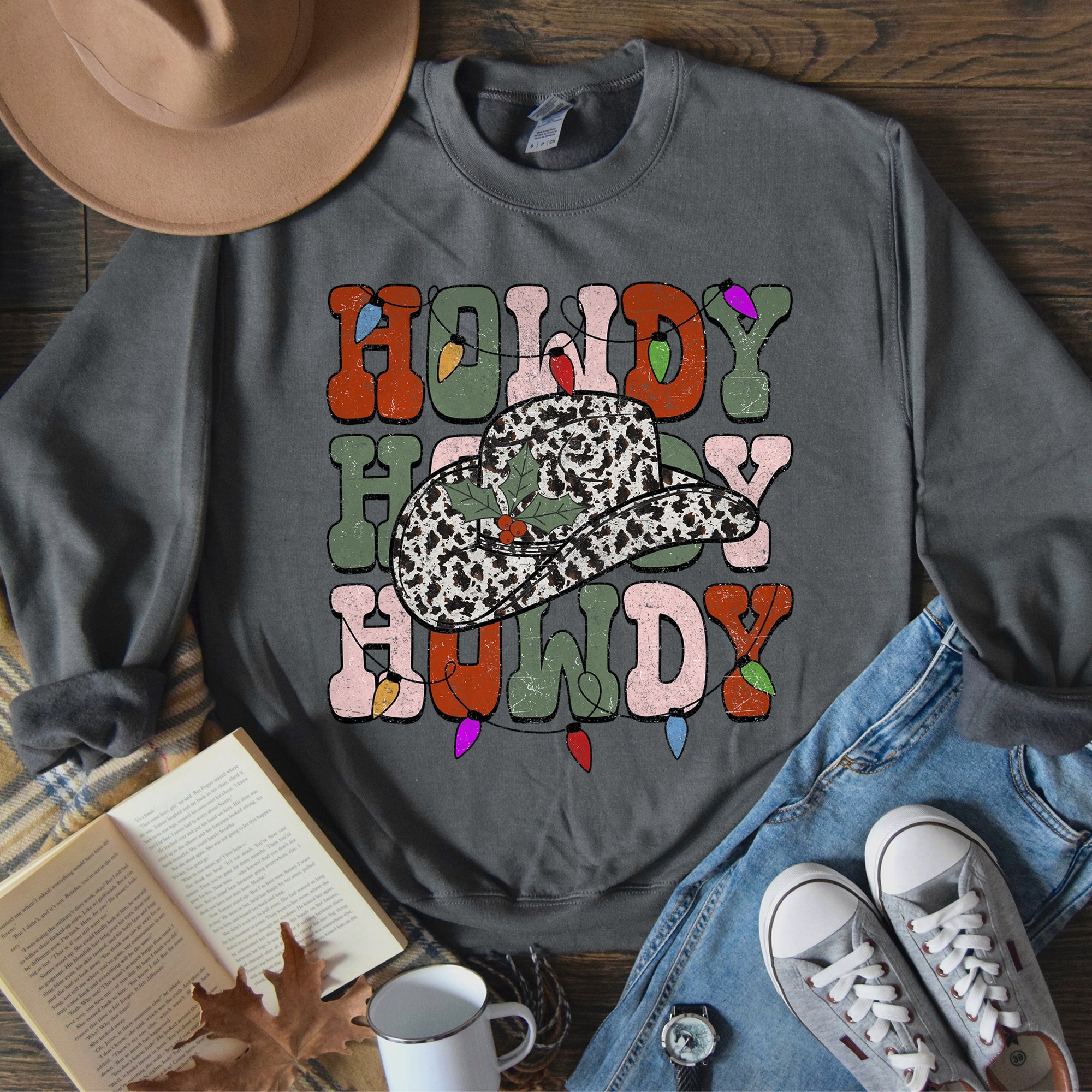 Howdy Christmas Leopard Print Cowboy Hat Retro Text Graphic Seasonal Holiday Sweatshirt