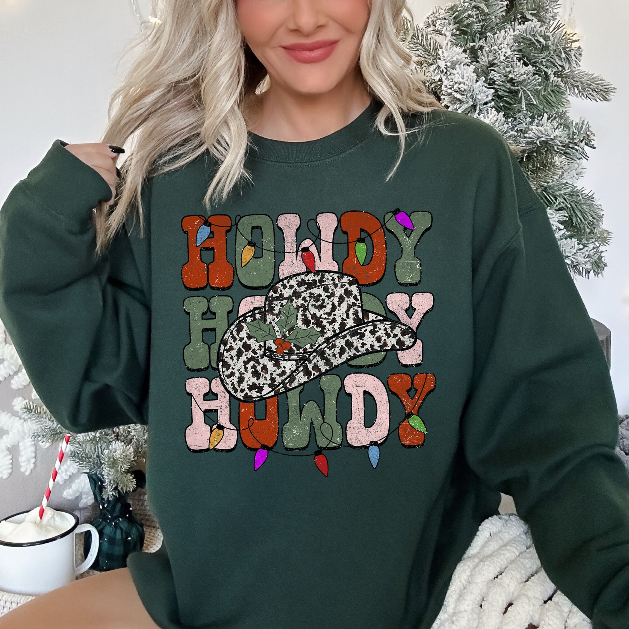 Howdy Christmas Leopard Print Cowboy Hat Retro Text Graphic Seasonal Holiday Sweatshirt