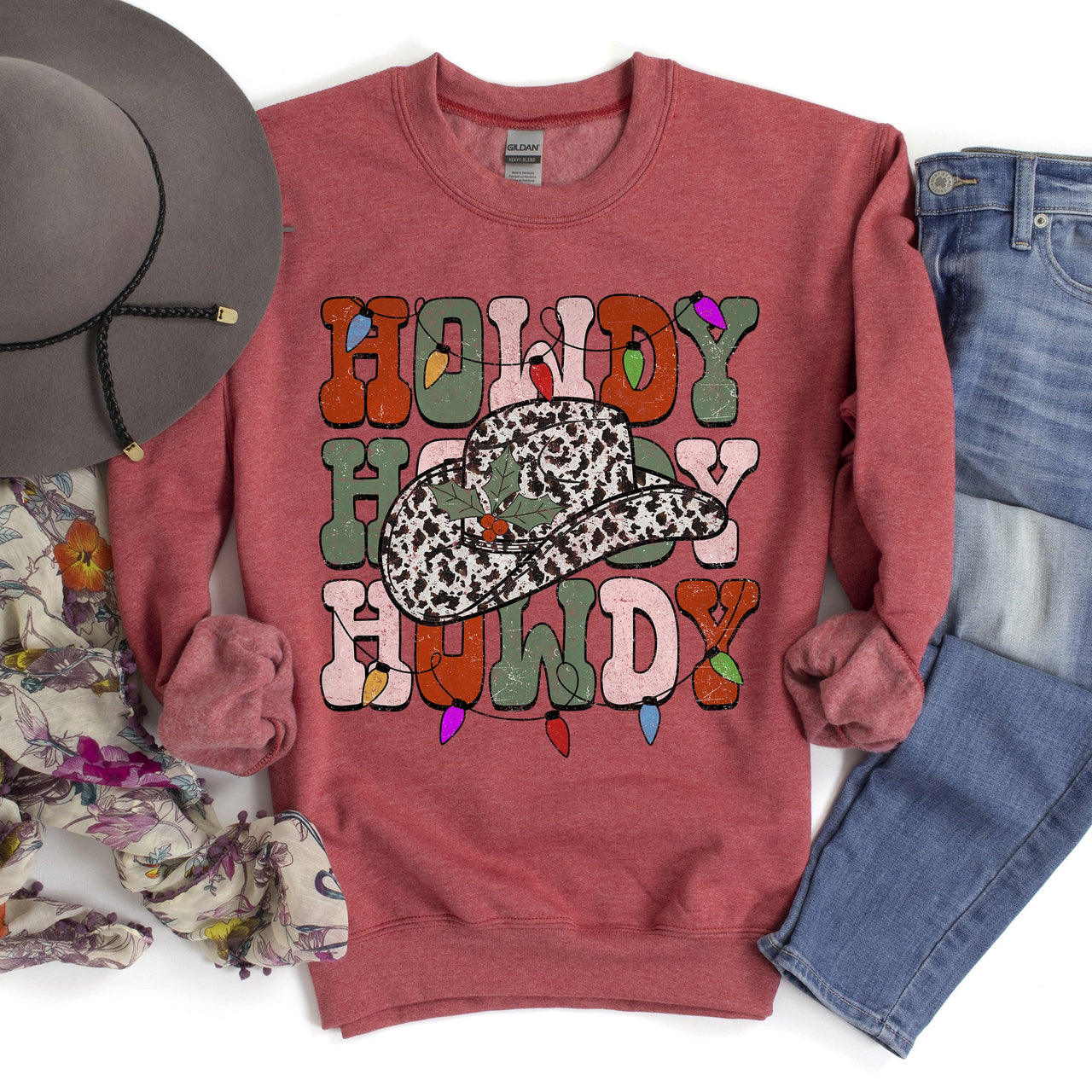Howdy Christmas Leopard Print Cowboy Hat Retro Text Graphic Seasonal Holiday Sweatshirt