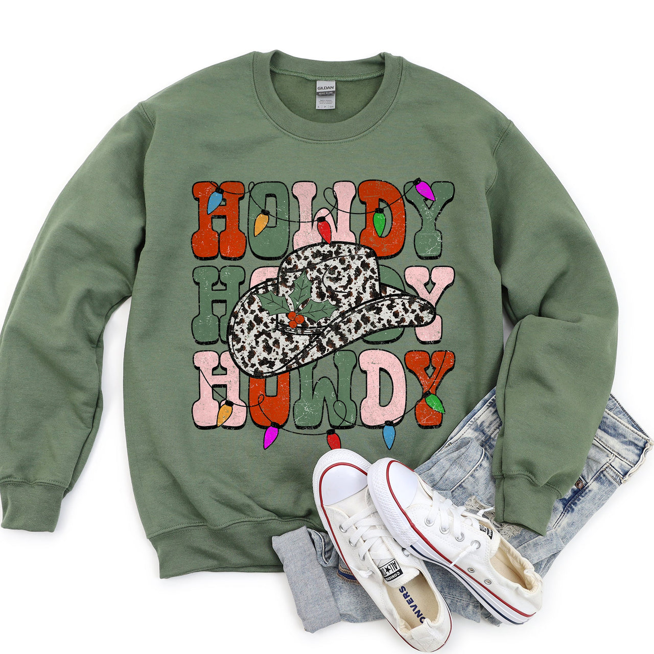 Howdy Christmas Leopard Print Cowboy Hat Retro Text Graphic Seasonal Holiday Sweatshirt