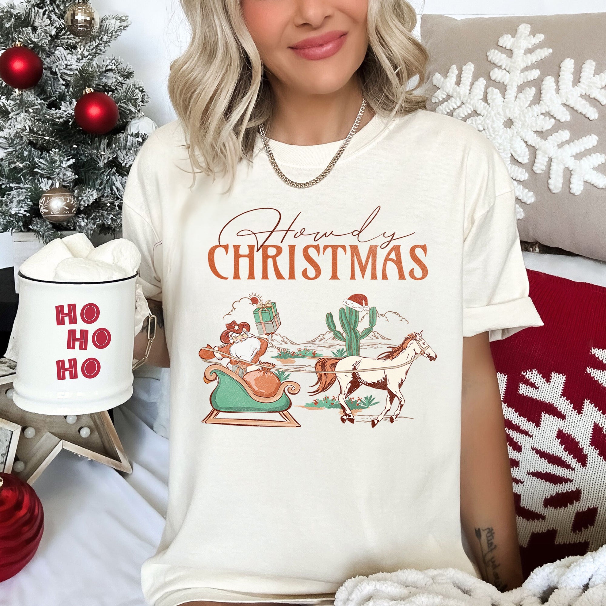 Howdy Christmas Santa Cowboy Horse Sleigh Desert County Western Comfort Colors Tee