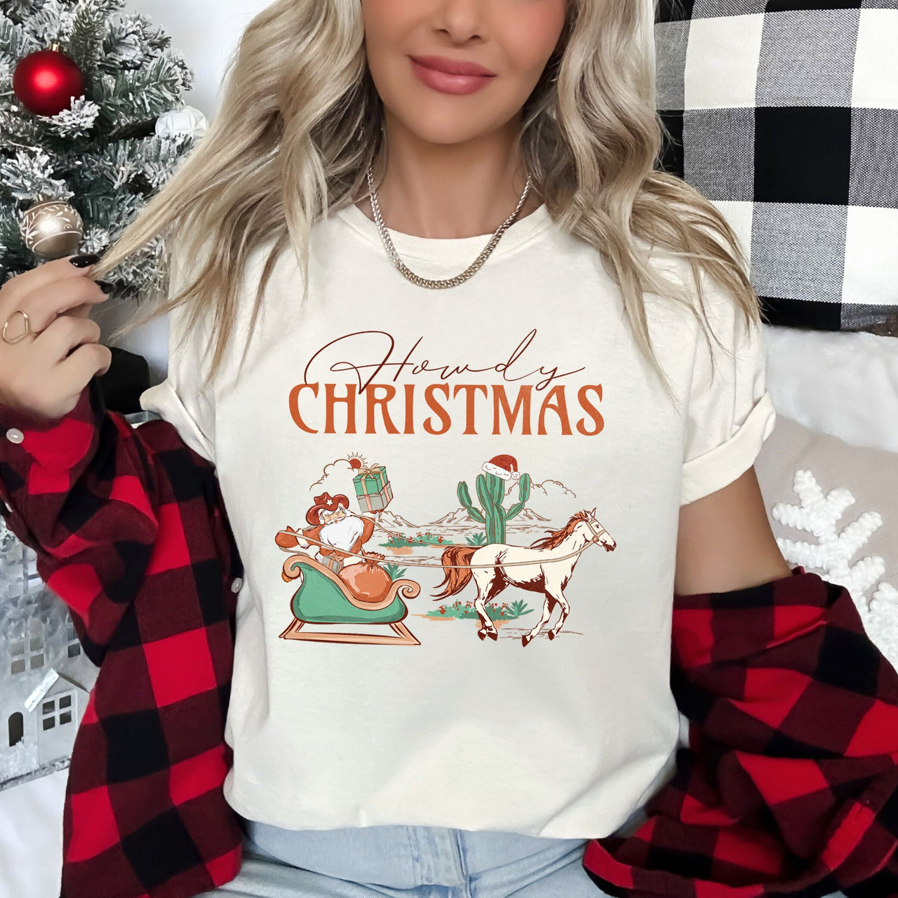 Howdy Christmas Santa Cowboy Horse Sleigh Desert County Western Holiday Theme Graphic Tee