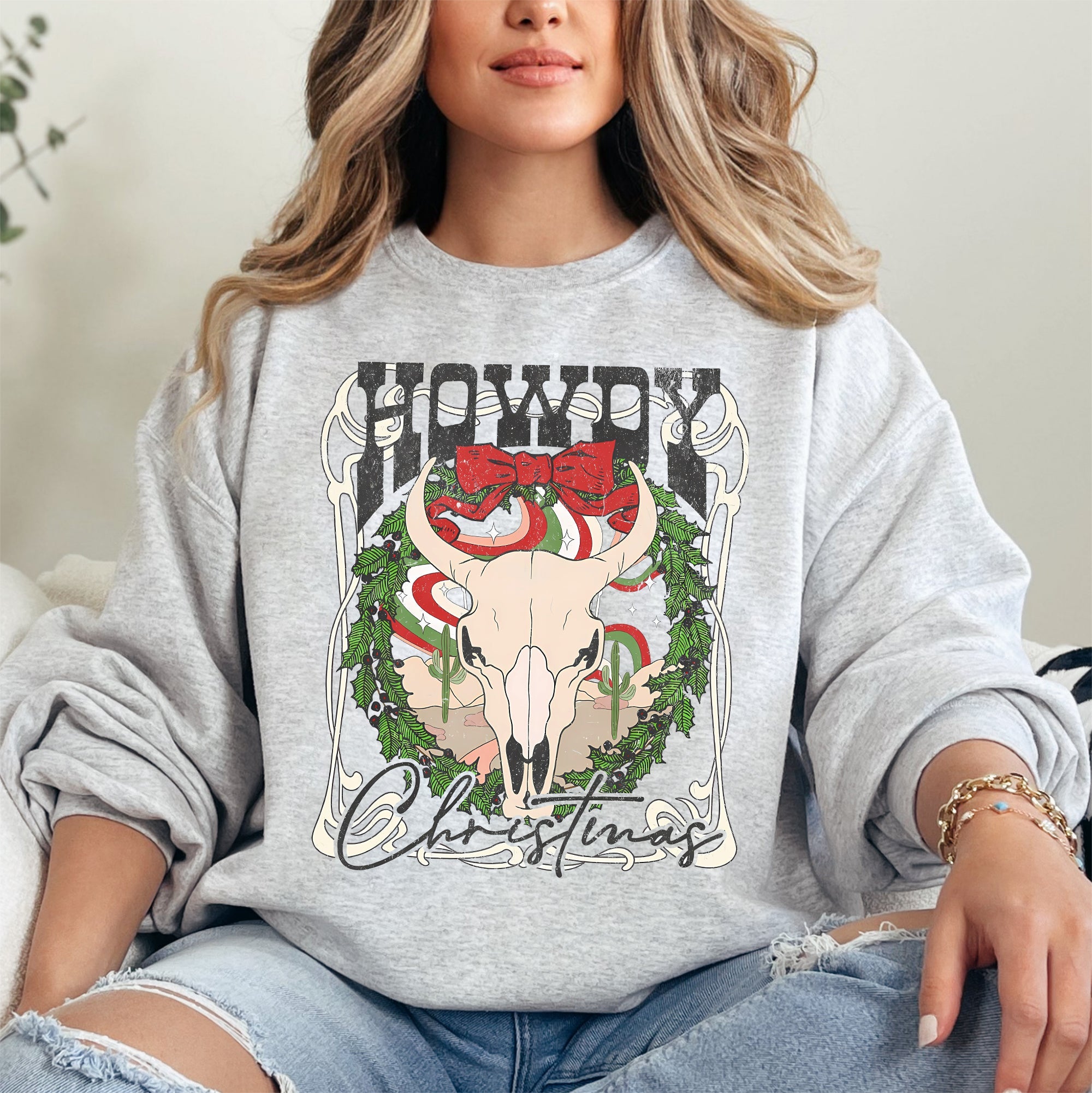 Howdy Christmas Skull Western Cowboy Festive Holiday Edition Graphic Cozy Sweatshirt