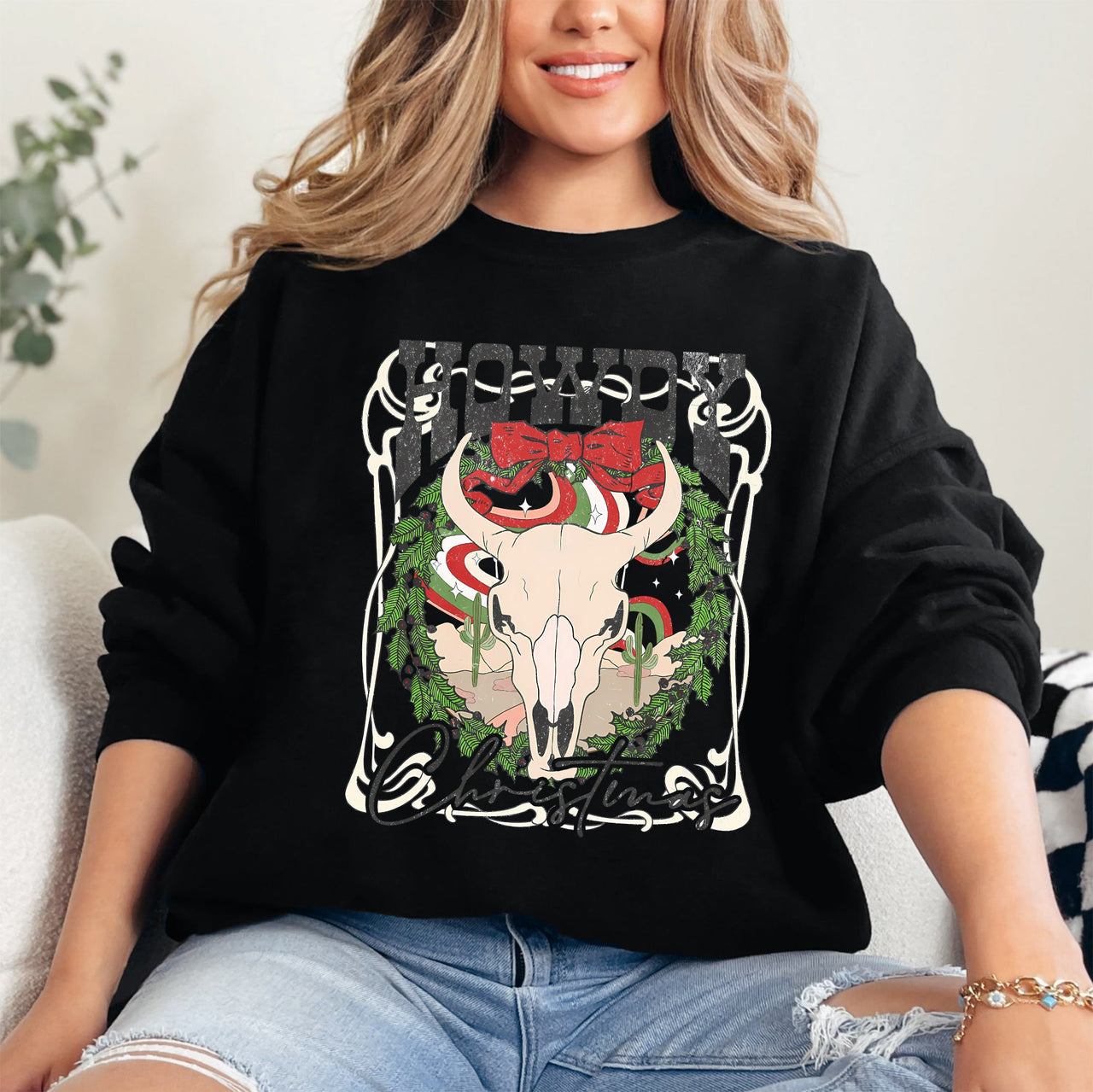 Howdy Christmas Skull Western Cowboy Festive Holiday Edition Graphic Cozy Sweatshirt