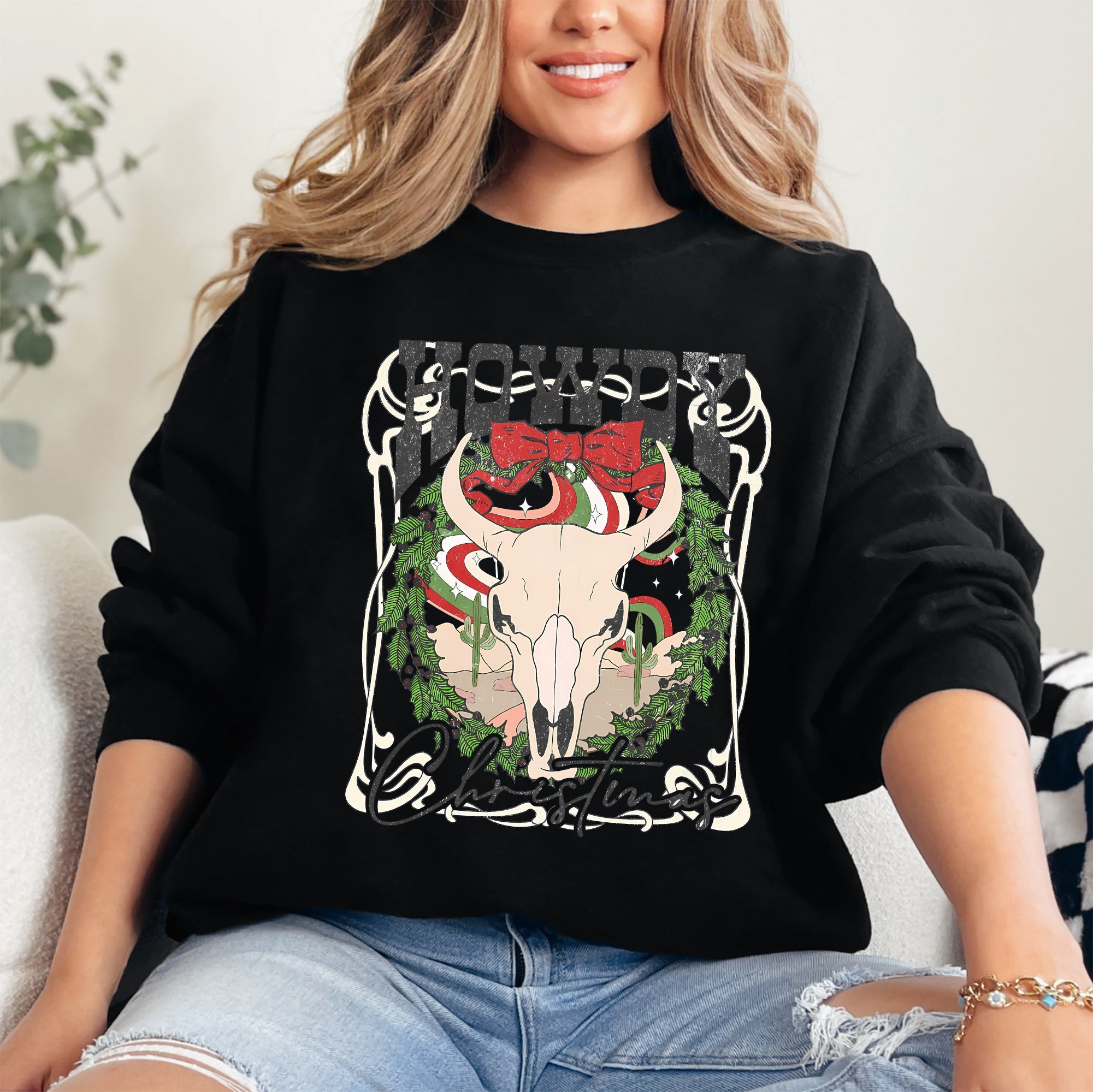 Howdy Christmas Skull Western Cowboy Festive Holiday Edition Graphic Cozy Sweatshirt