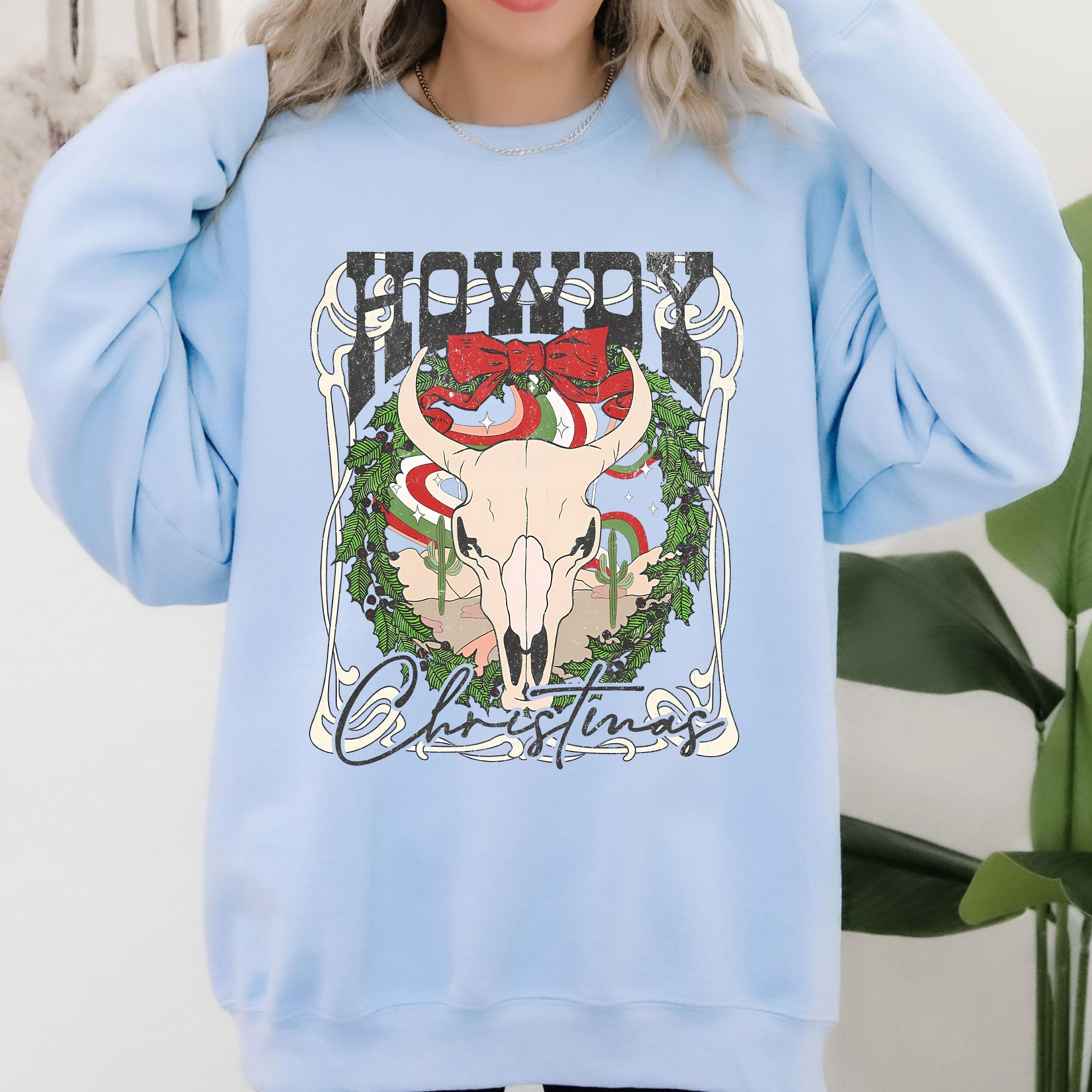 Howdy Christmas Skull Western Cowboy Festive Holiday Edition Graphic Cozy Sweatshirt