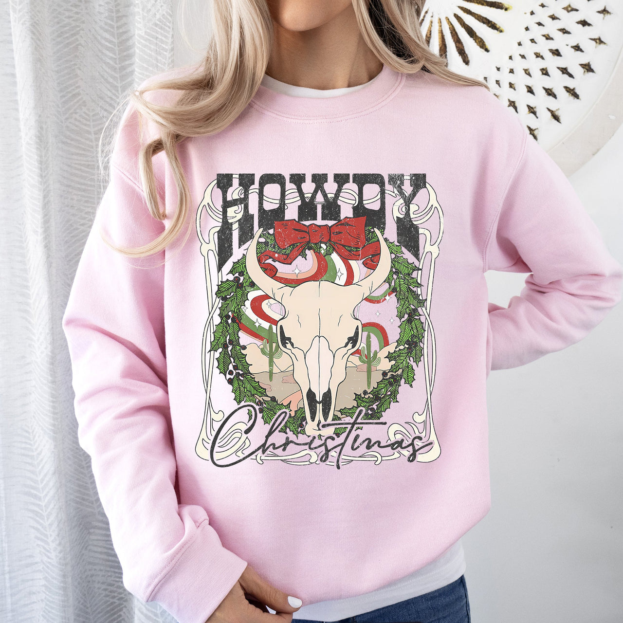 Howdy Christmas Skull Western Cowboy Festive Holiday Edition Graphic Cozy Sweatshirt