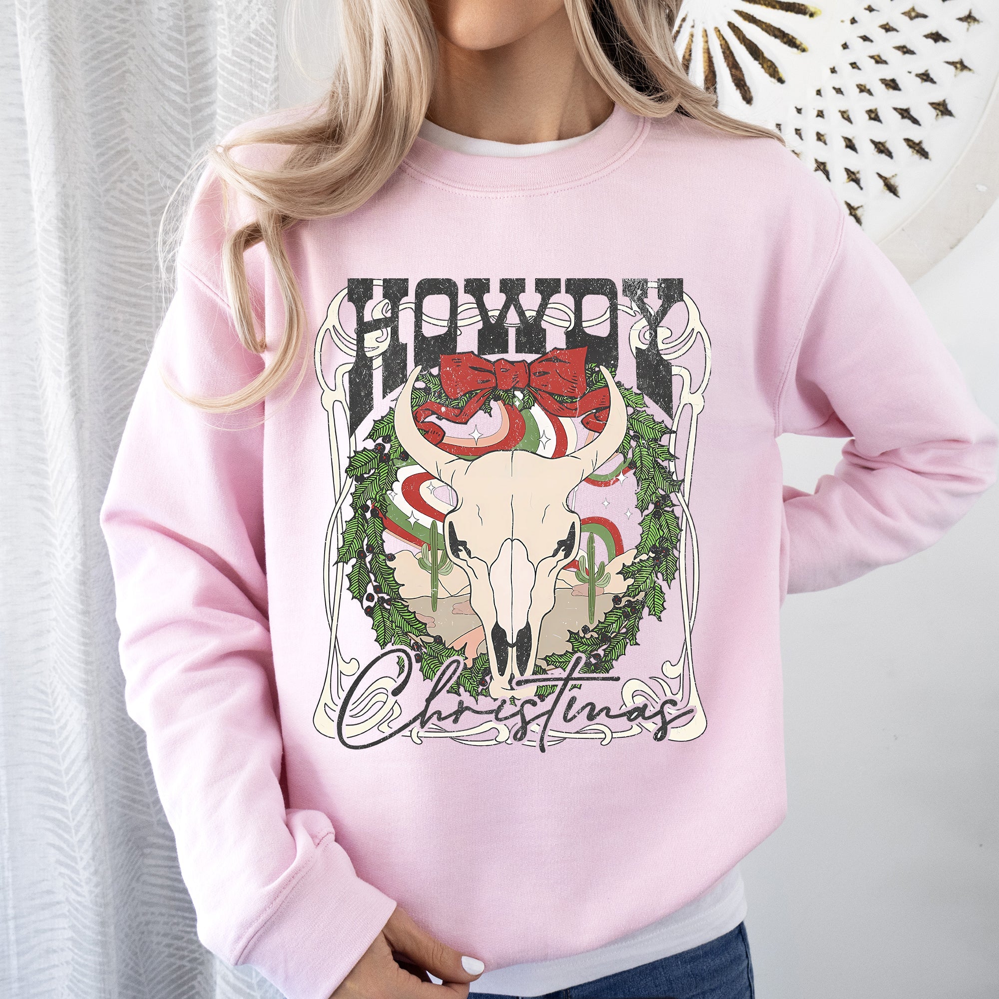 Howdy Christmas Skull Western Cowboy Festive Holiday Edition Graphic Cozy Sweatshirt
