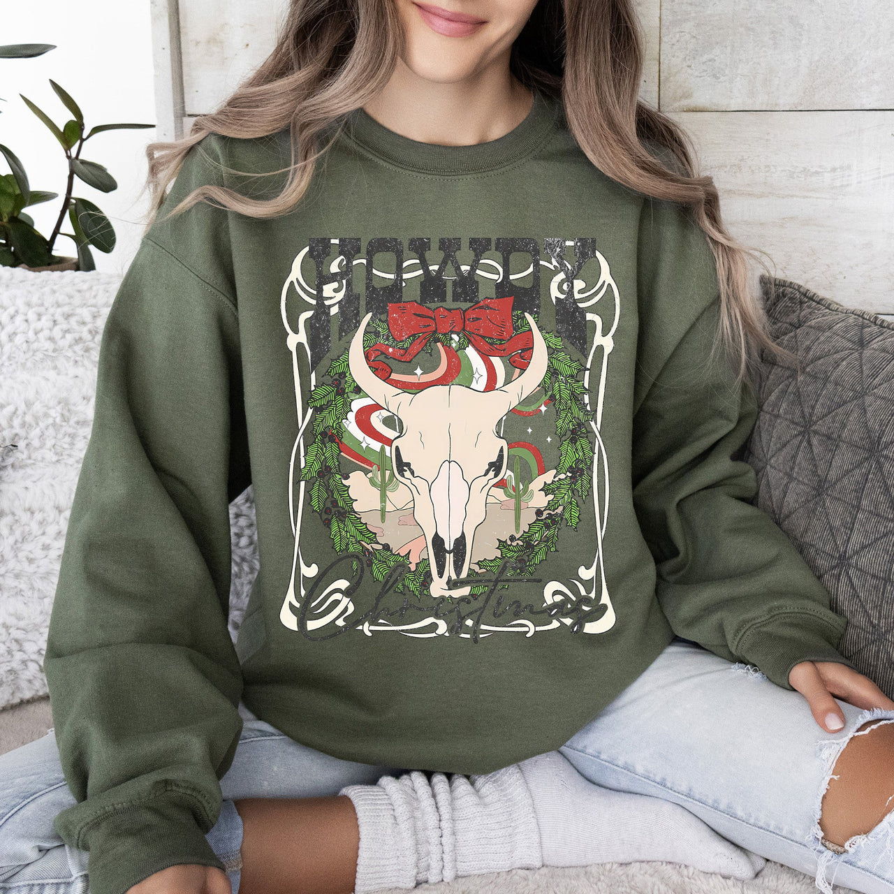 Howdy Christmas Skull Western Cowboy Festive Holiday Edition Graphic Cozy Sweatshirt