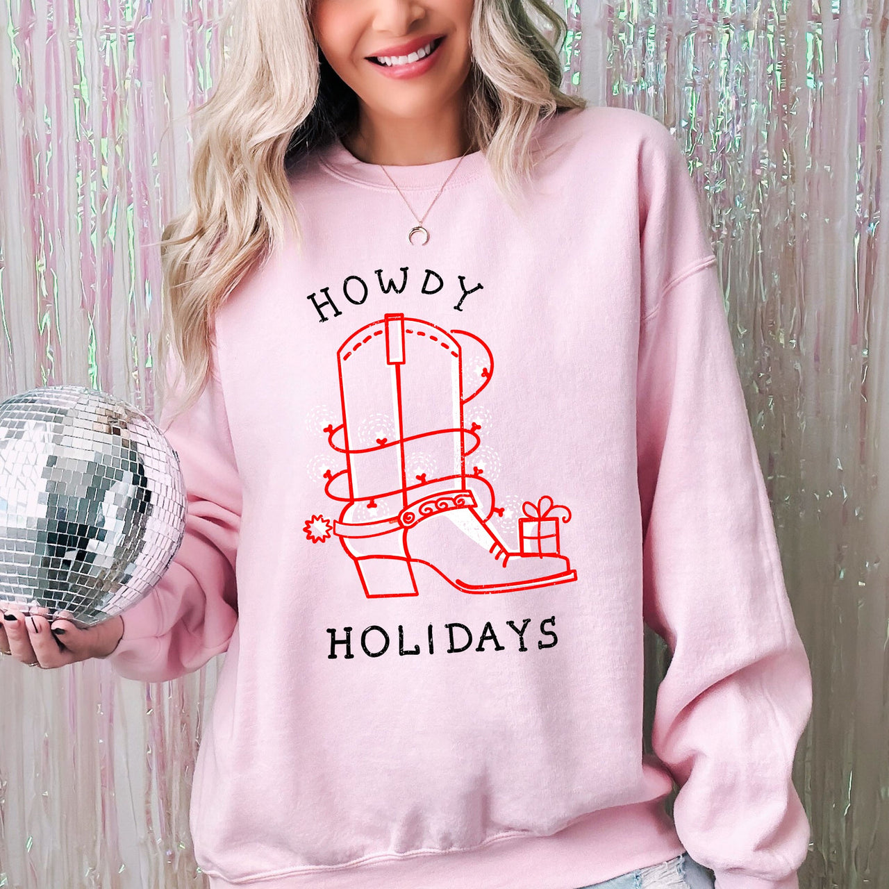 Howdy Holidays Christmas Cowboy Boot Country Western Xmas Graphic Premium Sweatshirt