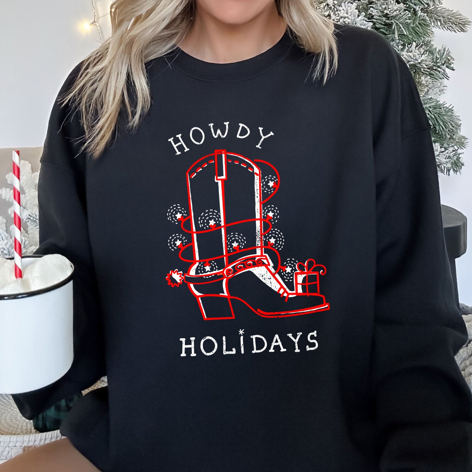 Howdy Holidays Christmas Cowboy Boot Sweatshirt With Festive Print And Cozy Winter Warmth