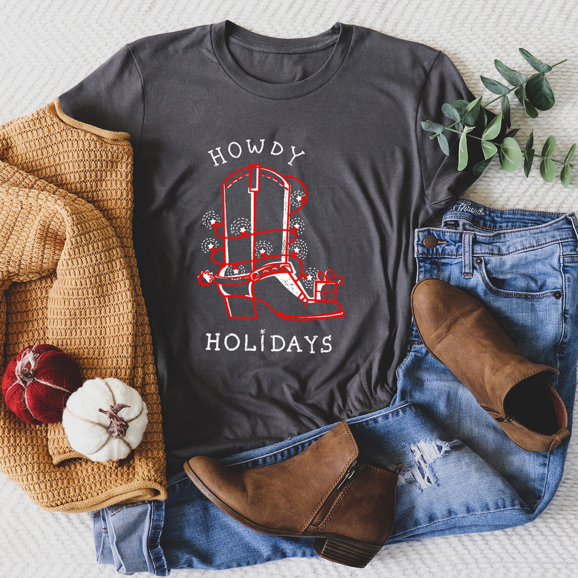 Howdy Holidays Christmas Cowboy Boot Retro Vintage Western Holiday Edition Graphic Tee