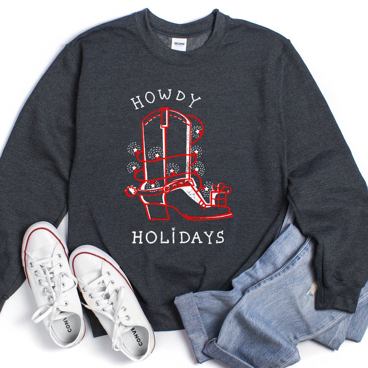 Howdy Holidays Christmas Cowboy Boot Sweatshirt With Festive Print And Cozy Winter Warmth