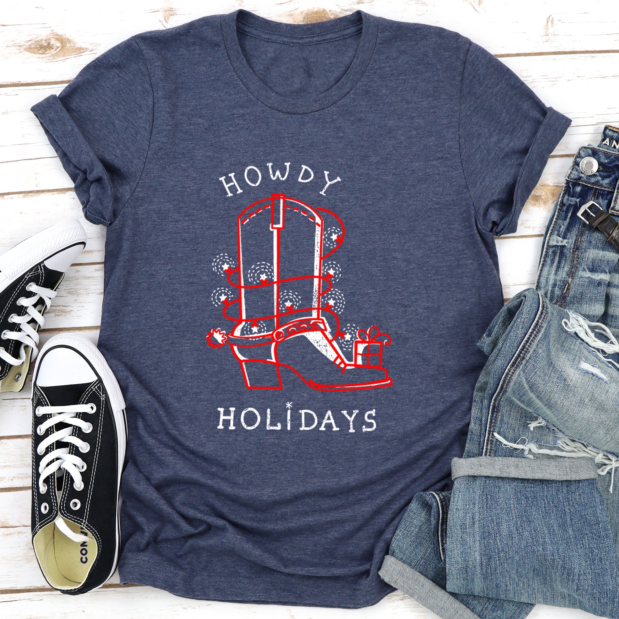 Howdy Holidays Christmas Cowboy Boot Retro Vintage Western Holiday Edition Graphic Tee