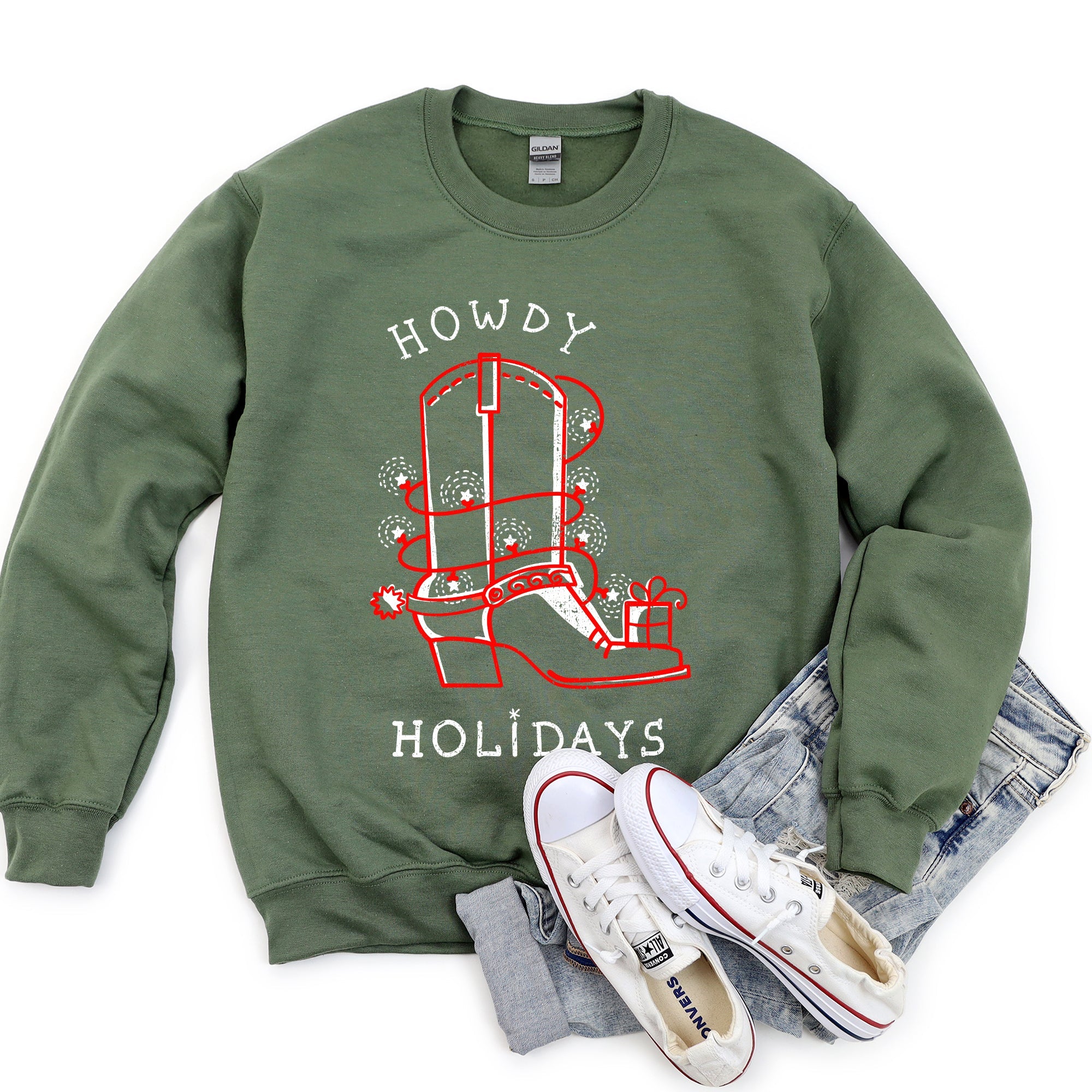Howdy Holidays Christmas Cowboy Boot Sweatshirt With Festive Print And Cozy Winter Warmth
