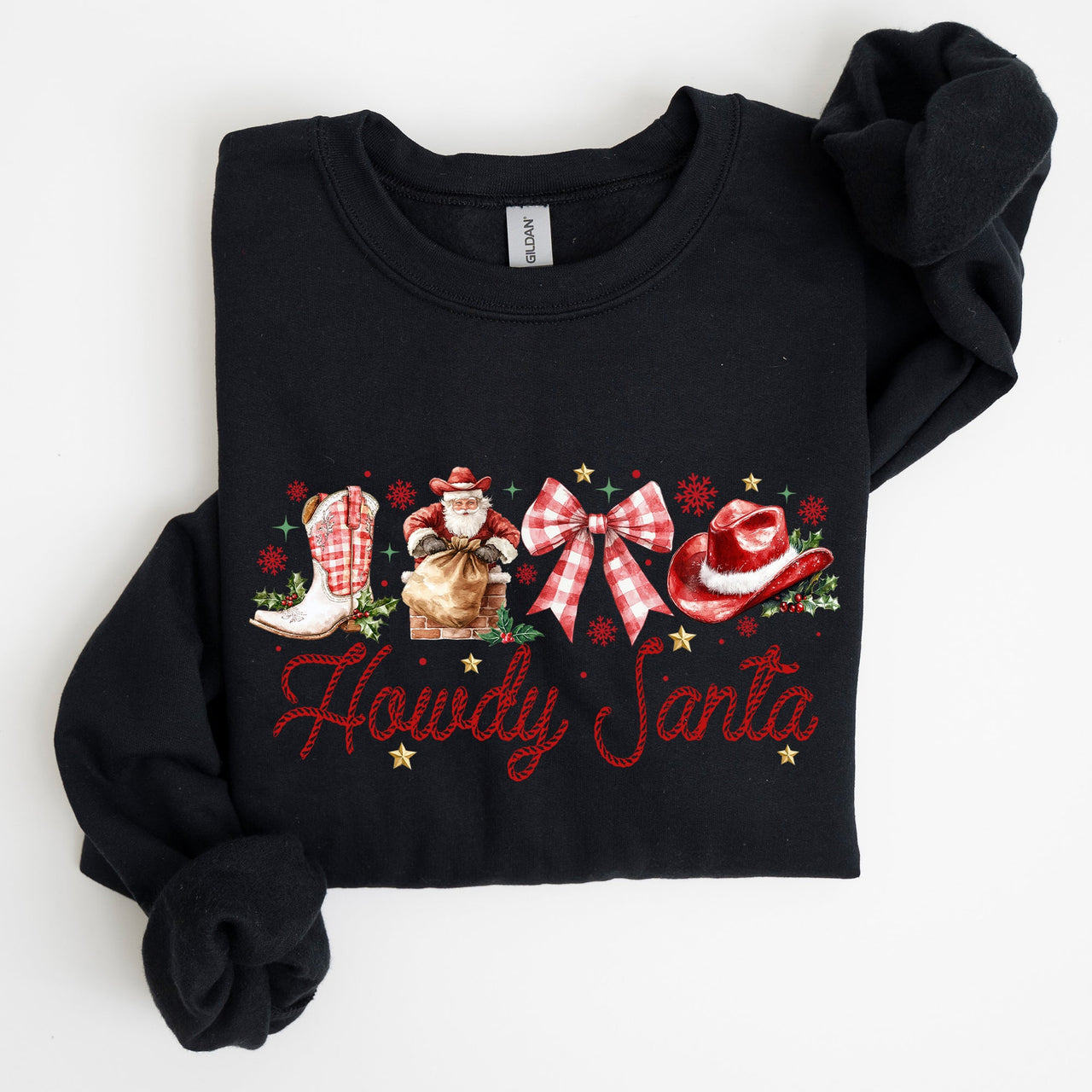 Howdy Santa Retro Country Western Cowboy Ribbon Bows Christmas Xmas Graphic Sweatshirt