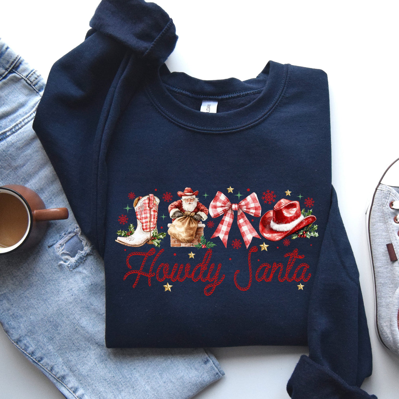 Howdy Santa Retro Country Western Cowboy Ribbon Bows Christmas Xmas Graphic Sweatshirt