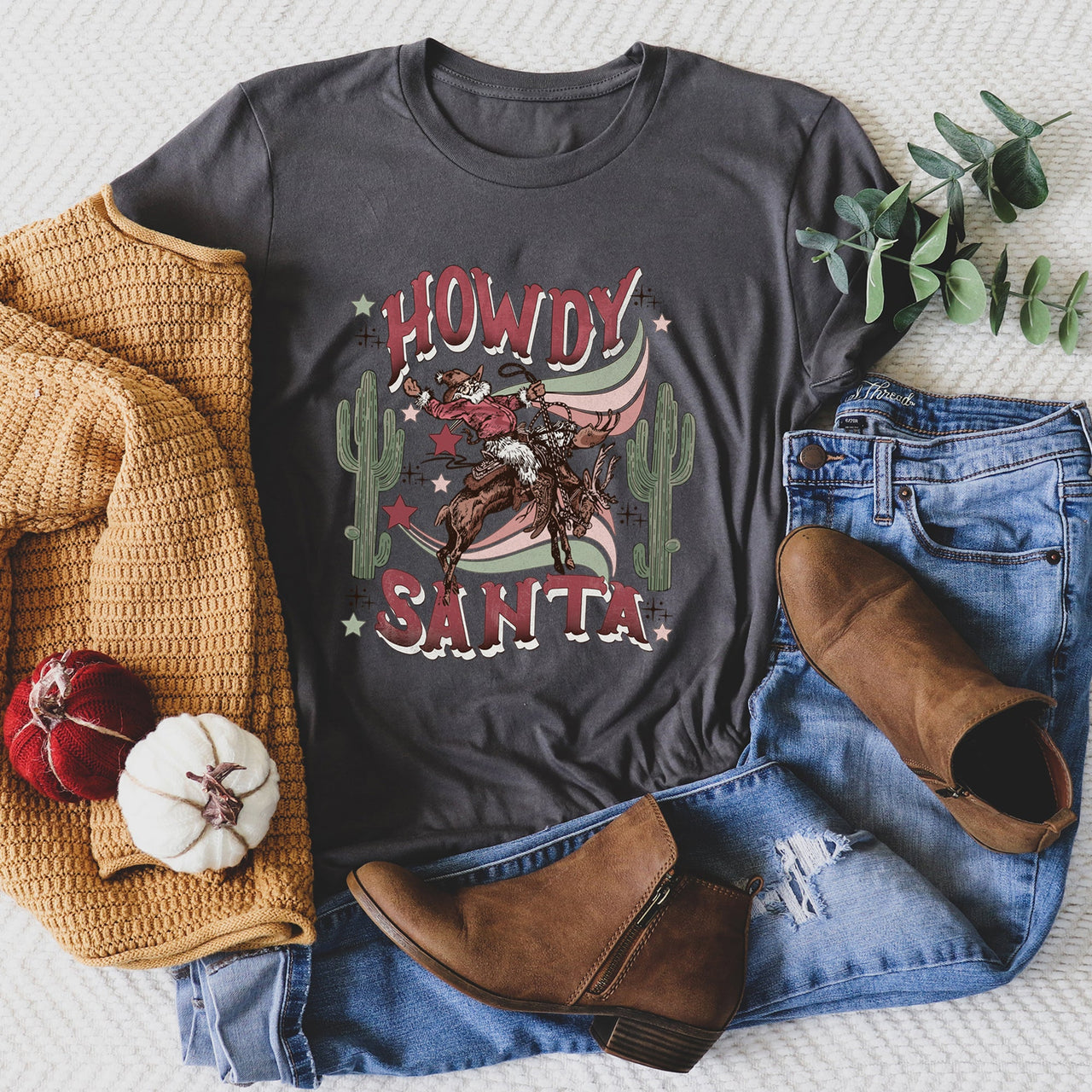 Howdy Santa Cowboy Reindeer Rodeo Desert Cactus Christmas Western Holiday Graphic Tee