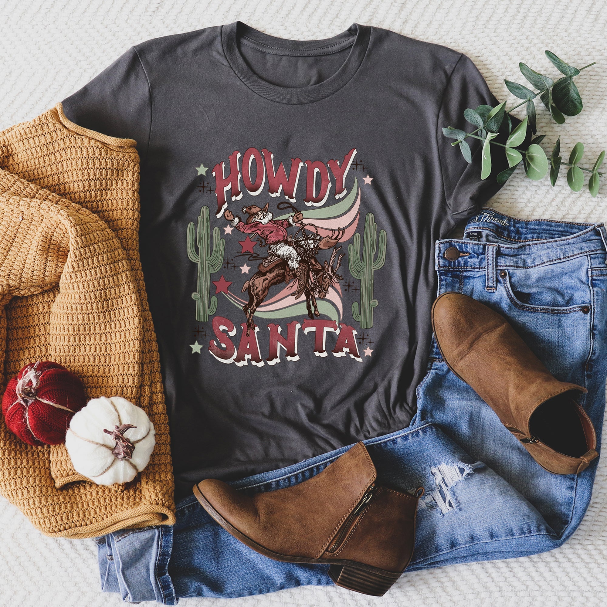 Howdy Santa Cowboy Reindeer Rodeo Desert Cactus Christmas Western Holiday Graphic Tee