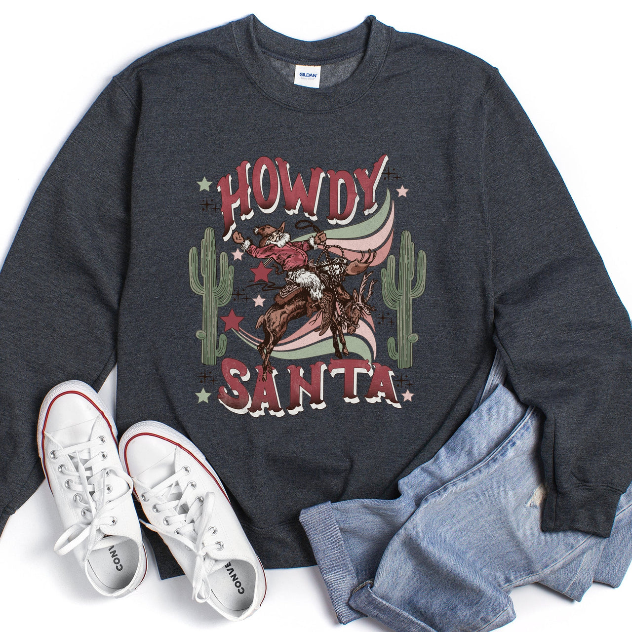 Howdy Santa, Reindeer Cowboy Rodeo Christmas Western Holiday Graphic Seasonal Sweatshirt