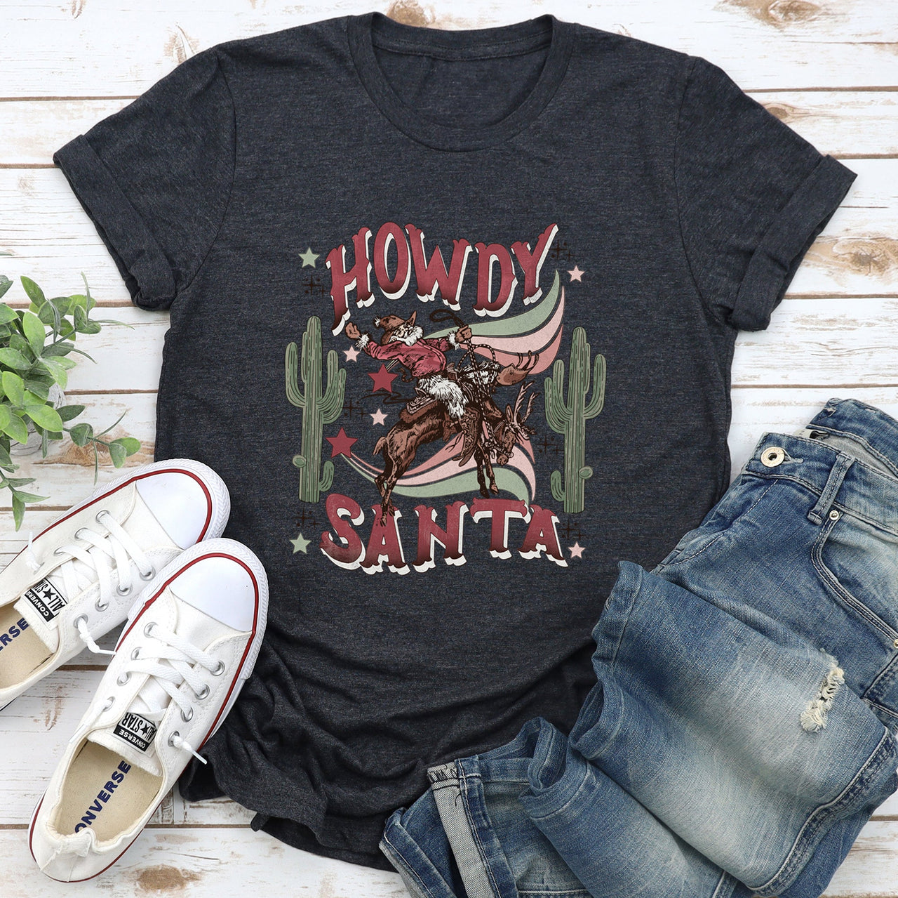 Howdy Santa Cowboy Reindeer Rodeo Desert Cactus Christmas Southwest Festive Graphic Tee