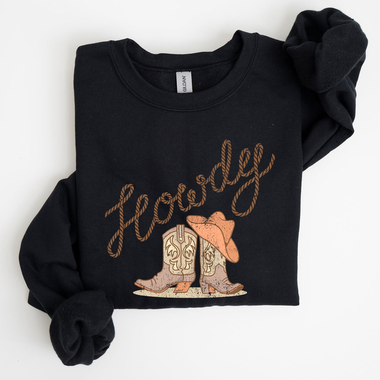 Howdy Cowboy Boots Western Country Cowgirl Rustic Rodeo Style Artsy Vintage Print Cozy Fleece Sweatshirt