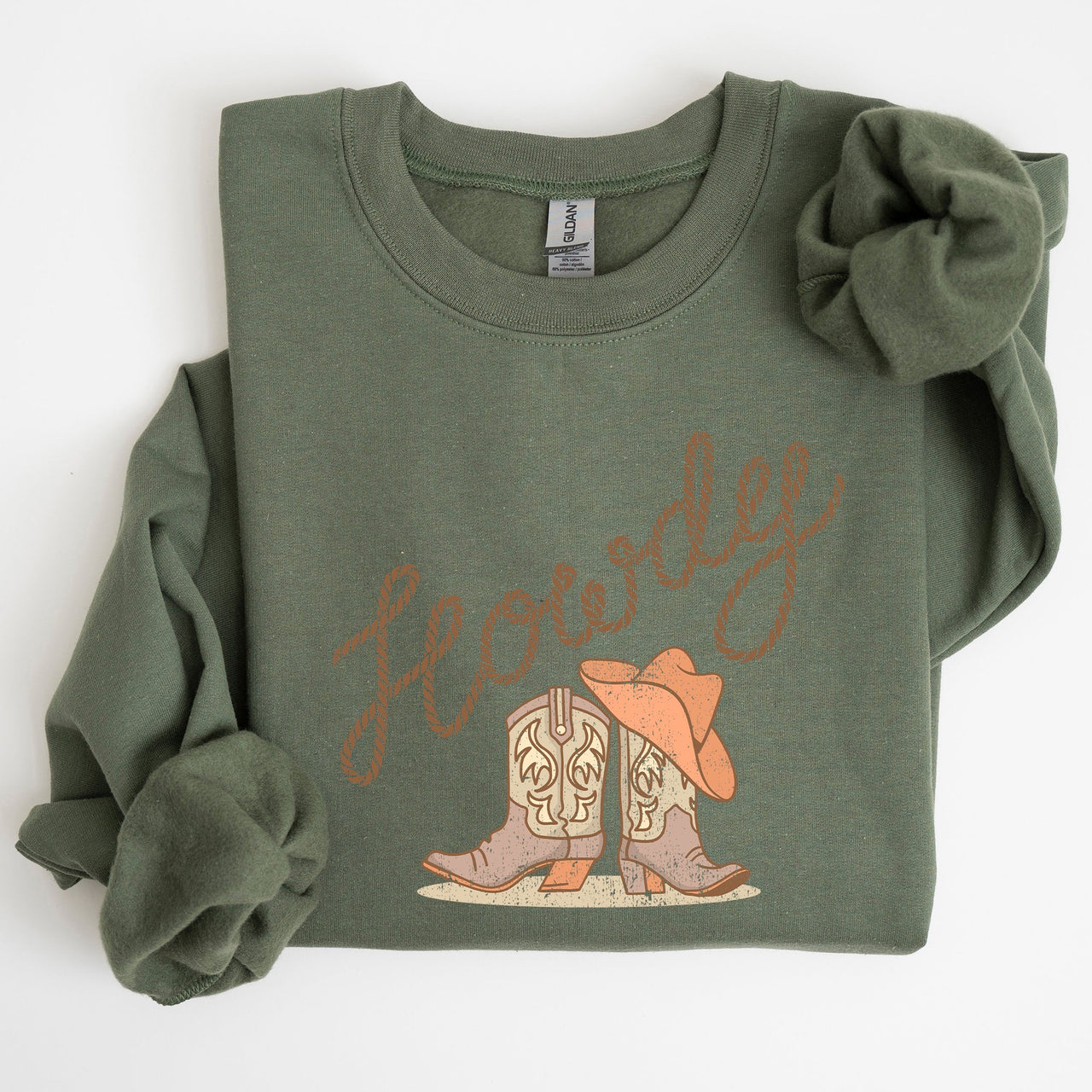 Howdy Cowboy Boots Western Country Cowgirl Rustic Rodeo Style Artsy Vintage Print Cozy Fleece Sweatshirt