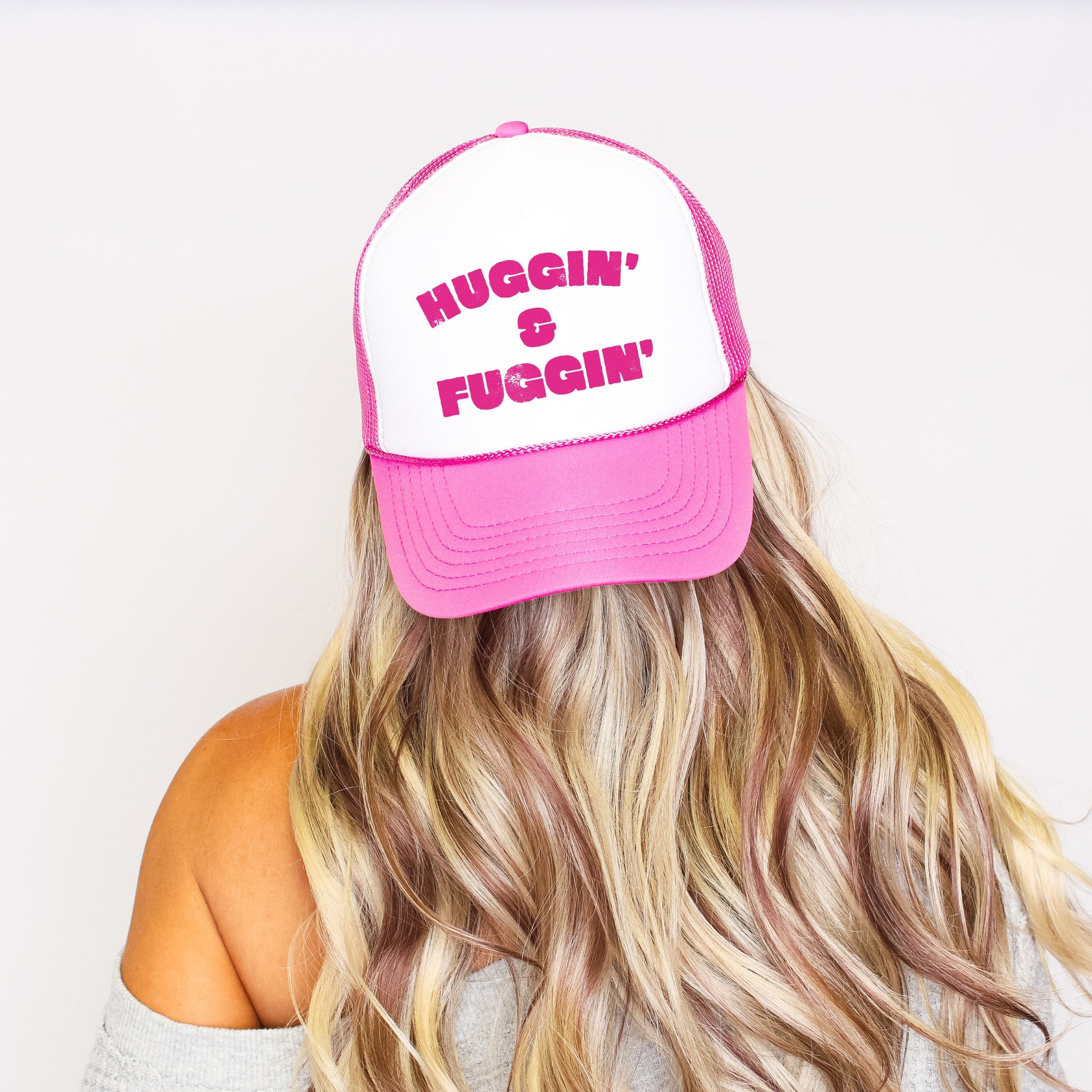 Huggin And Fuggin Sassy Funny Bright Pink Sparkle Statement Snapback Trucker Hat