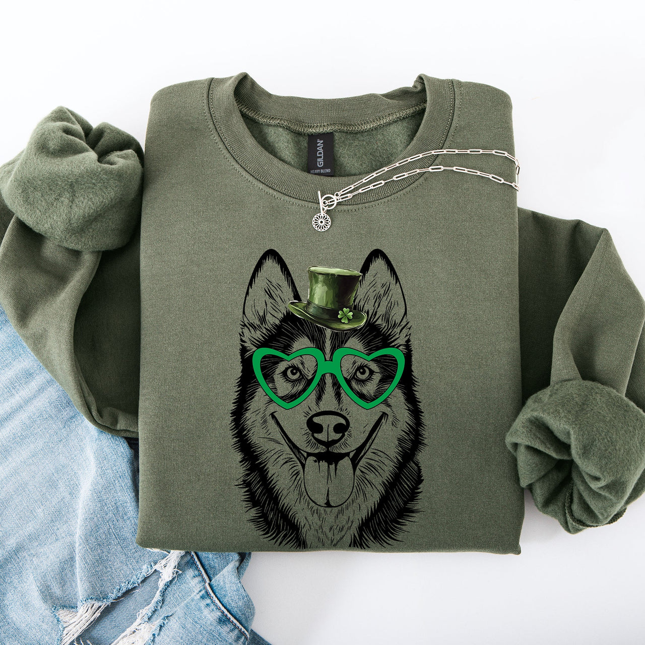 Husky Adorable Dog St Patrick's Day Lucky Irish Whimsical Festive Classic Sweatshirt