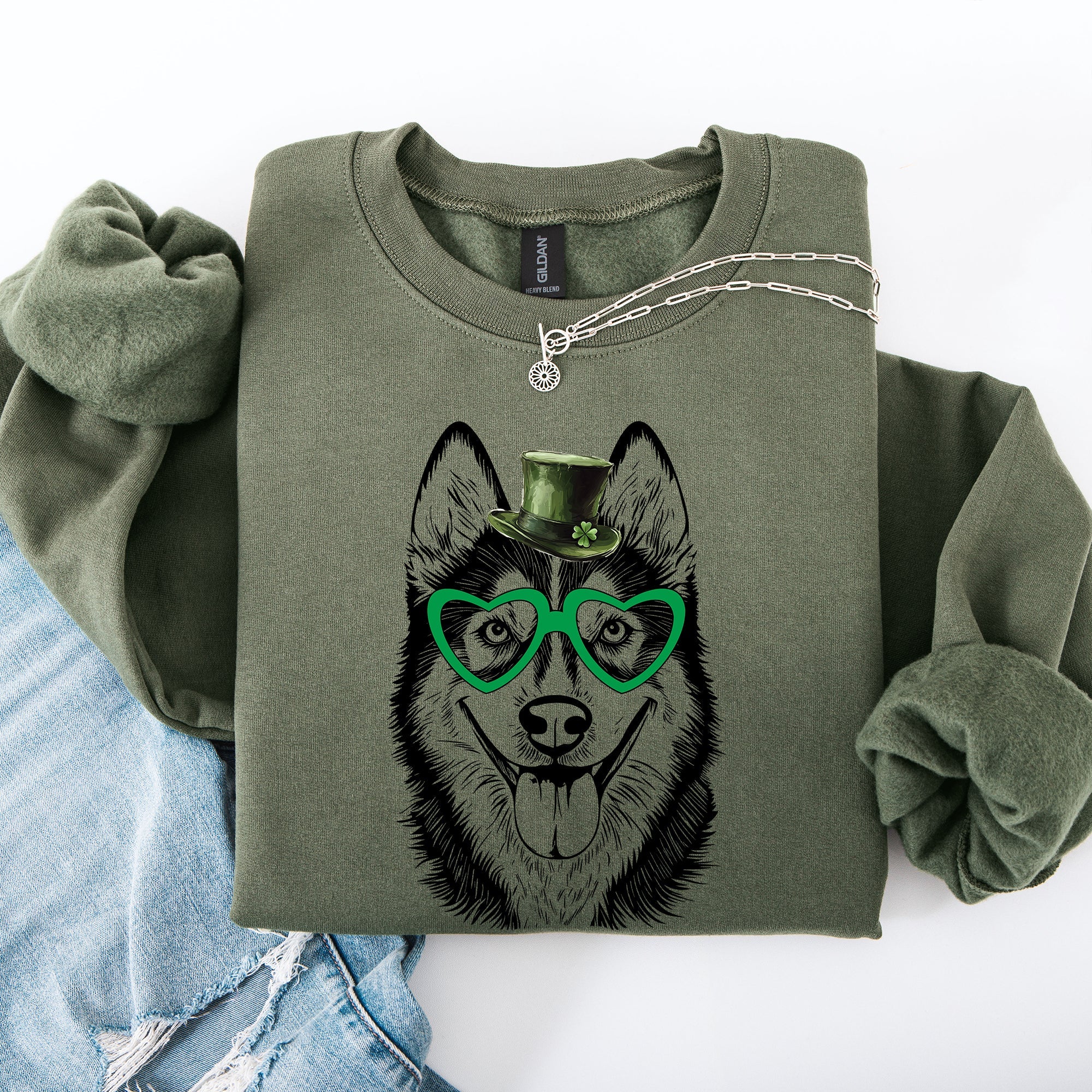 Husky Adorable Dog St Patrick's Day Lucky Irish Whimsical Festive Classic Sweatshirt