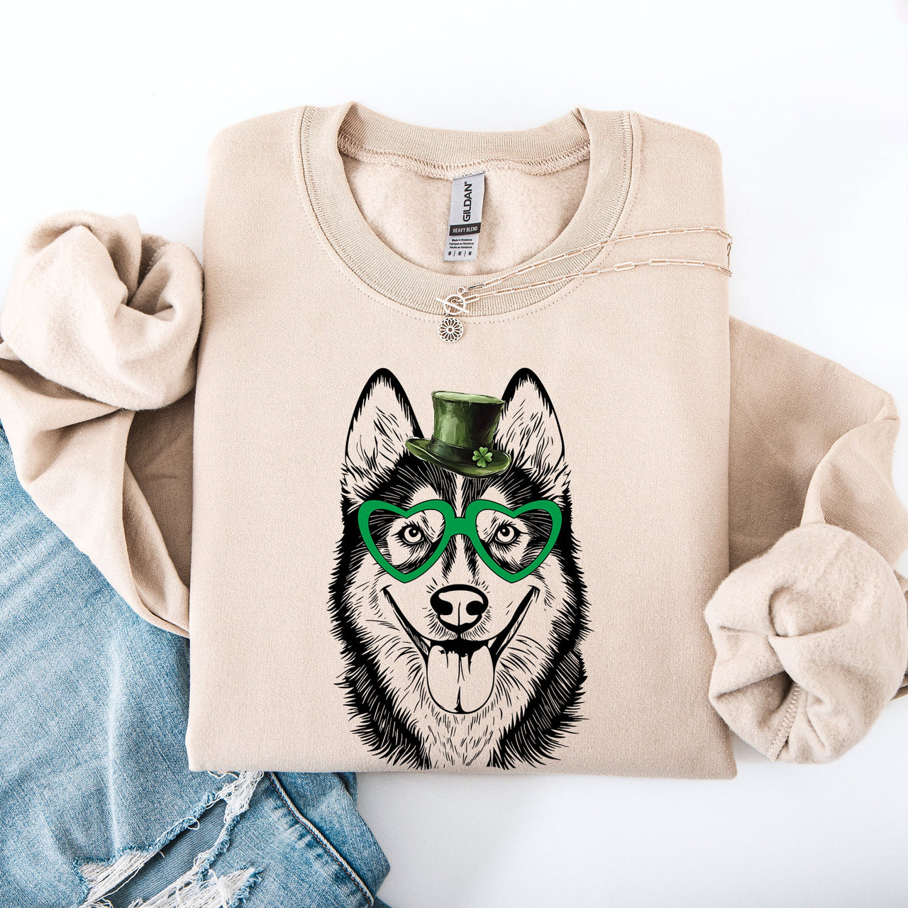 Husky Adorable Dog St Patrick's Day Lucky Irish Whimsical Festive Classic Sweatshirt