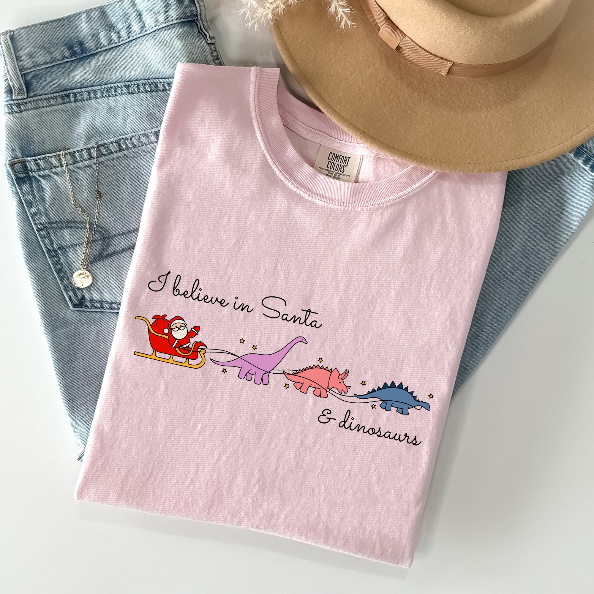 I Believe In Santa And Dinosaurs Sleigh Reindeer Christmas Winter Xmas Comfort Colors Tee
