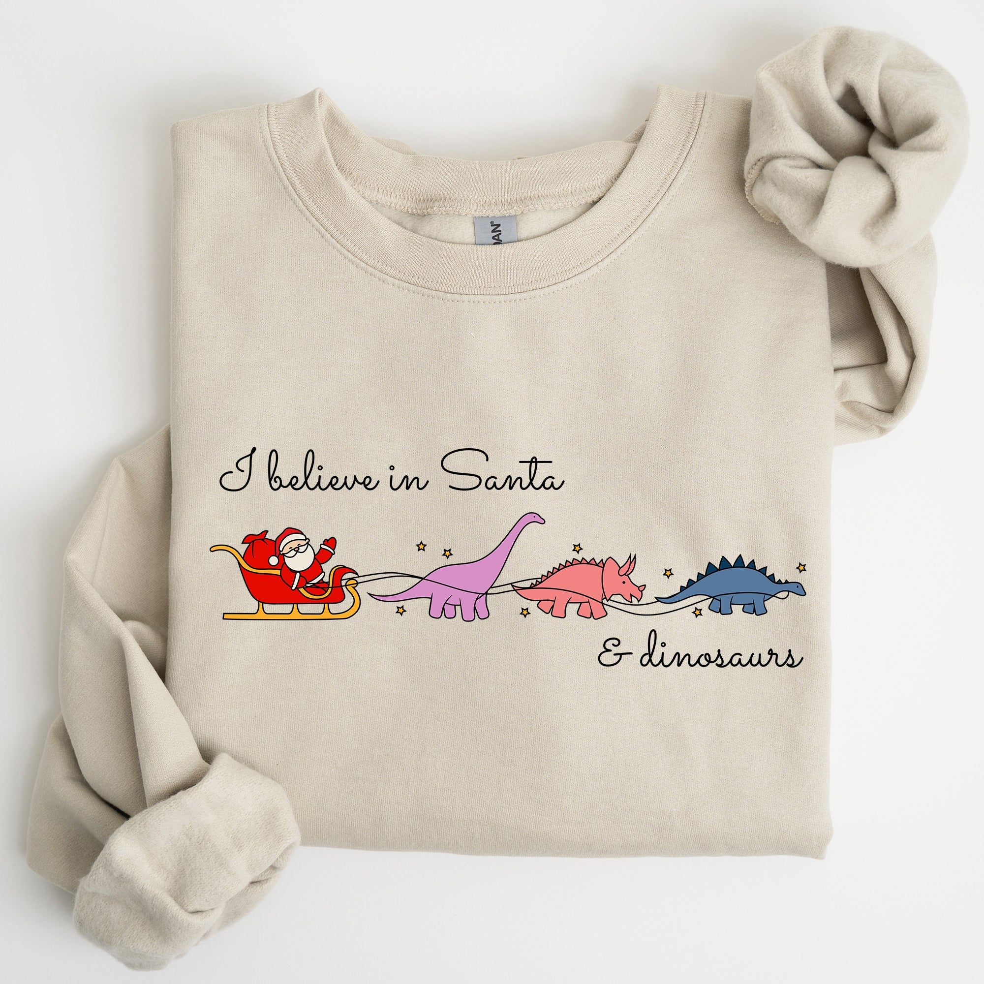 I Believe In Santa And Dinosaurs Sleigh Reindeer Christmas Holiday Cheer Sweatshirt