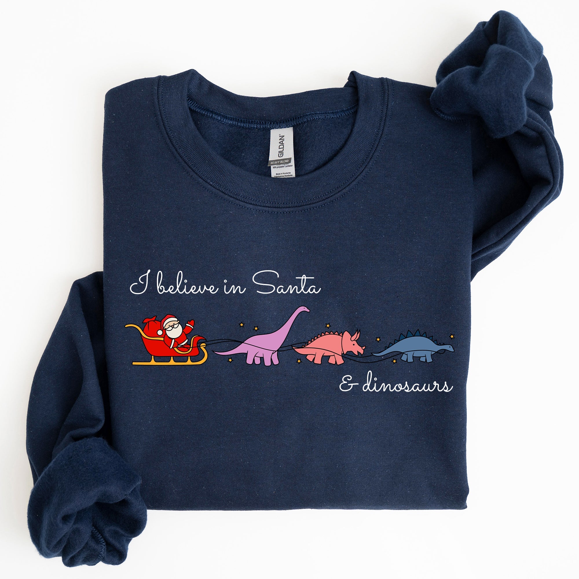 I Believe In Santa And Dinosaurs Sleigh Reindeer Christmas Holiday Cheer Sweatshirt
