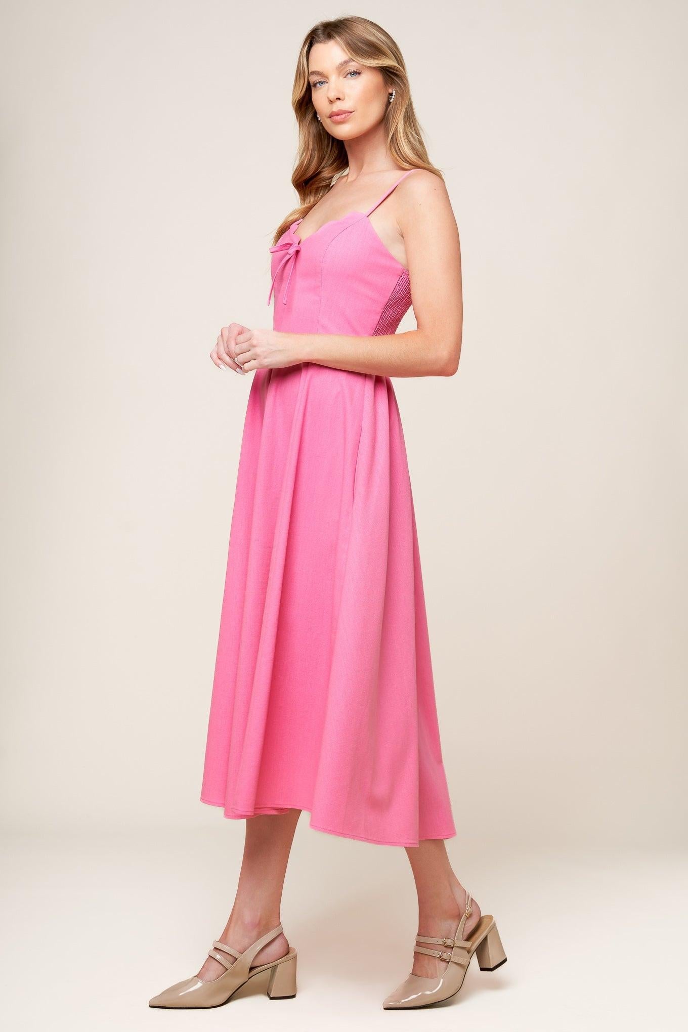 LET THE LIGHT PINK WOVEN MIDI DRESS