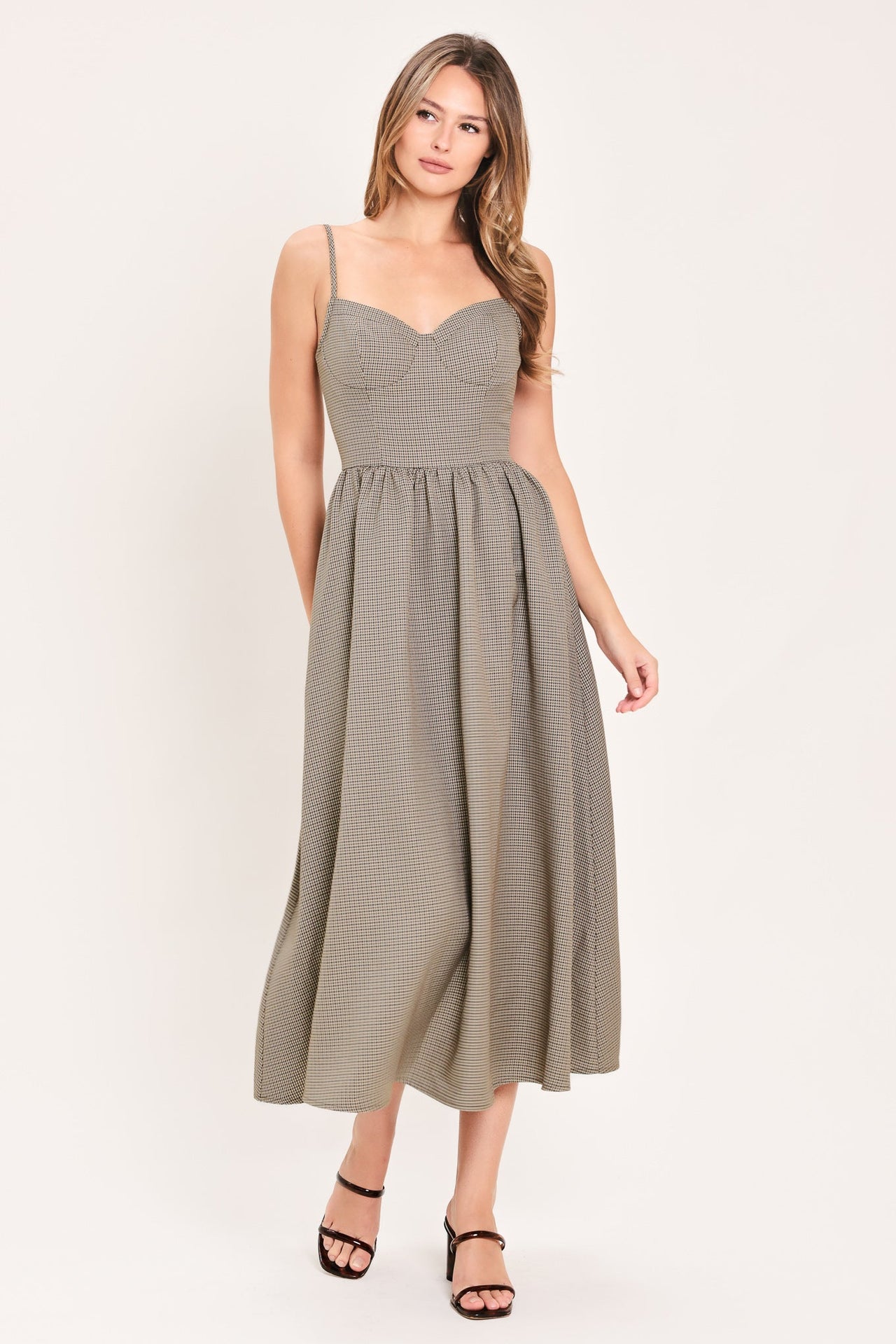 WHERE HEARTS WANDER PLAID WOVEN MIDI DRESS