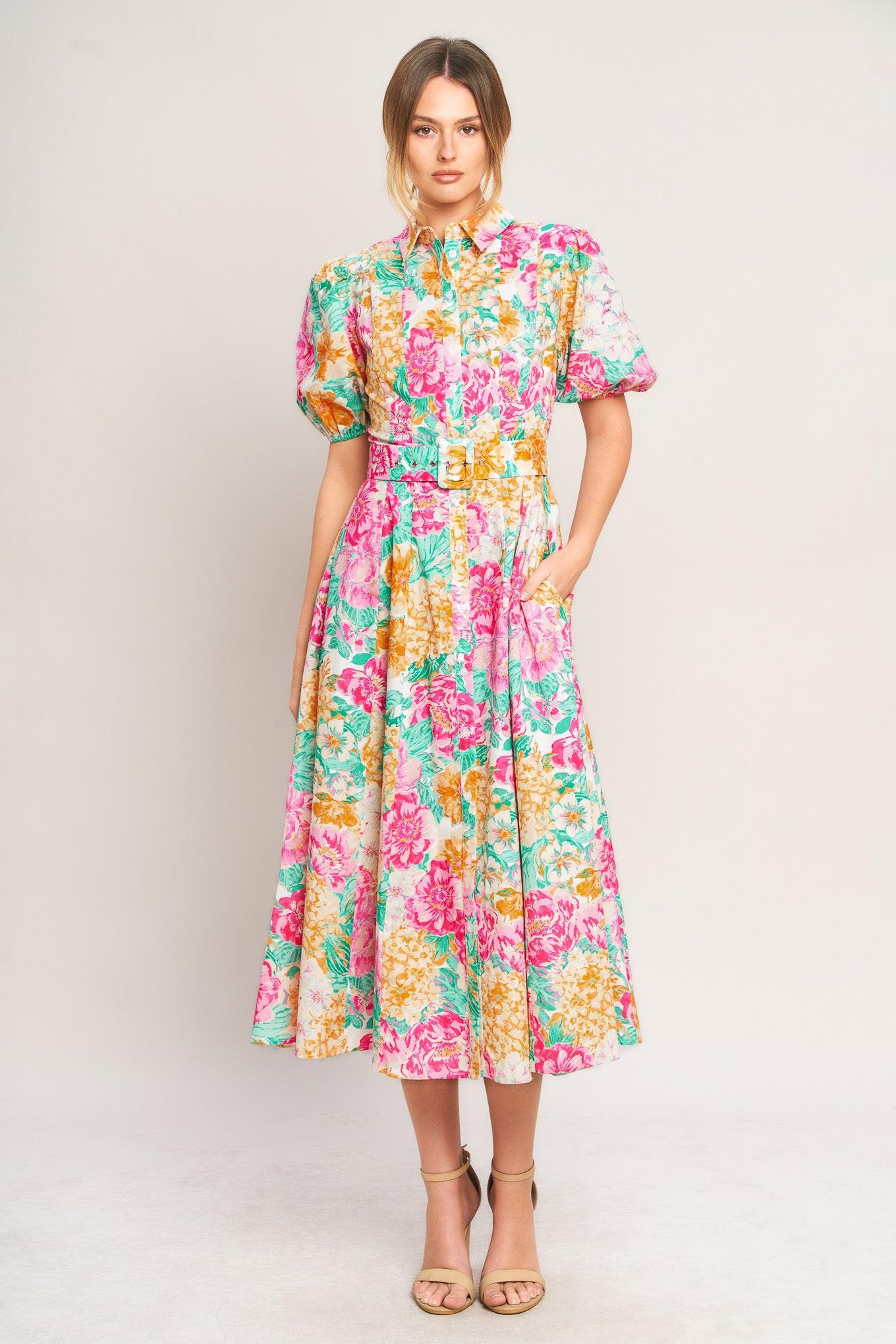 BLOOMING GARDEN WOVEN MIDI DRESS