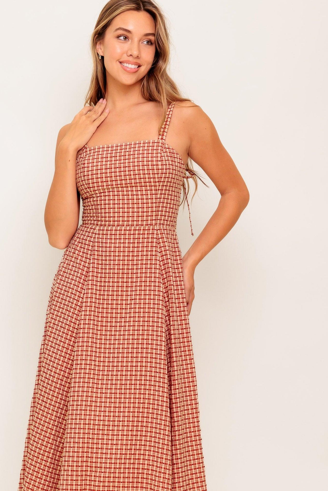 GINGHAM SUMMER WOVEN MIDI DRESS