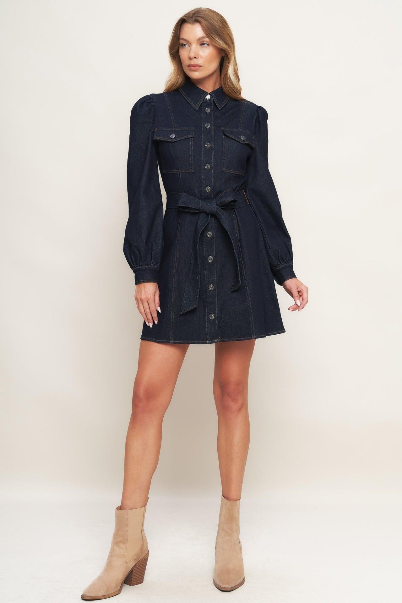 HOLIDAY DARK INDIGO DENIM MINI DRESS