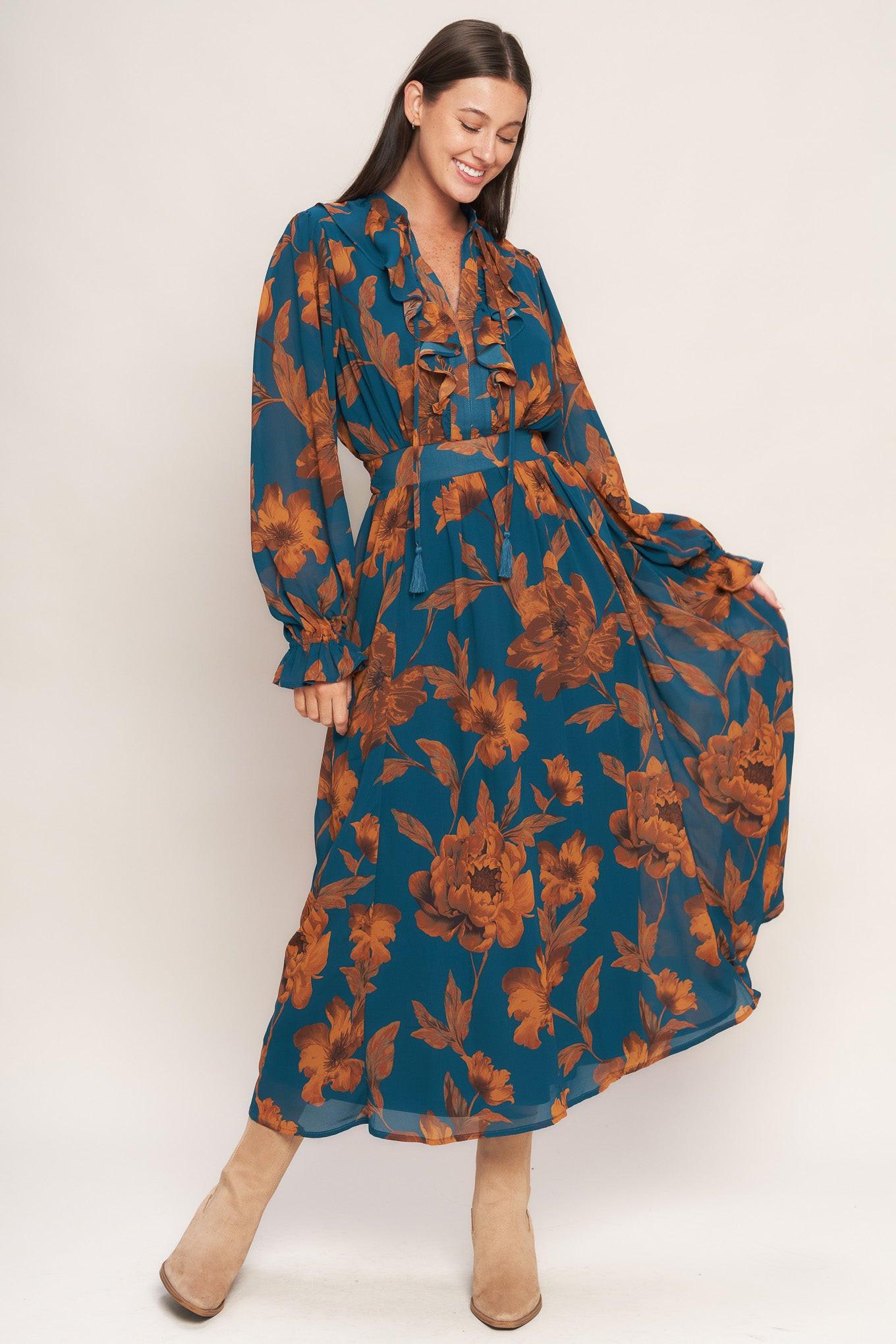 BURNISHED BOTANICA WOVEN MIDI DRESS