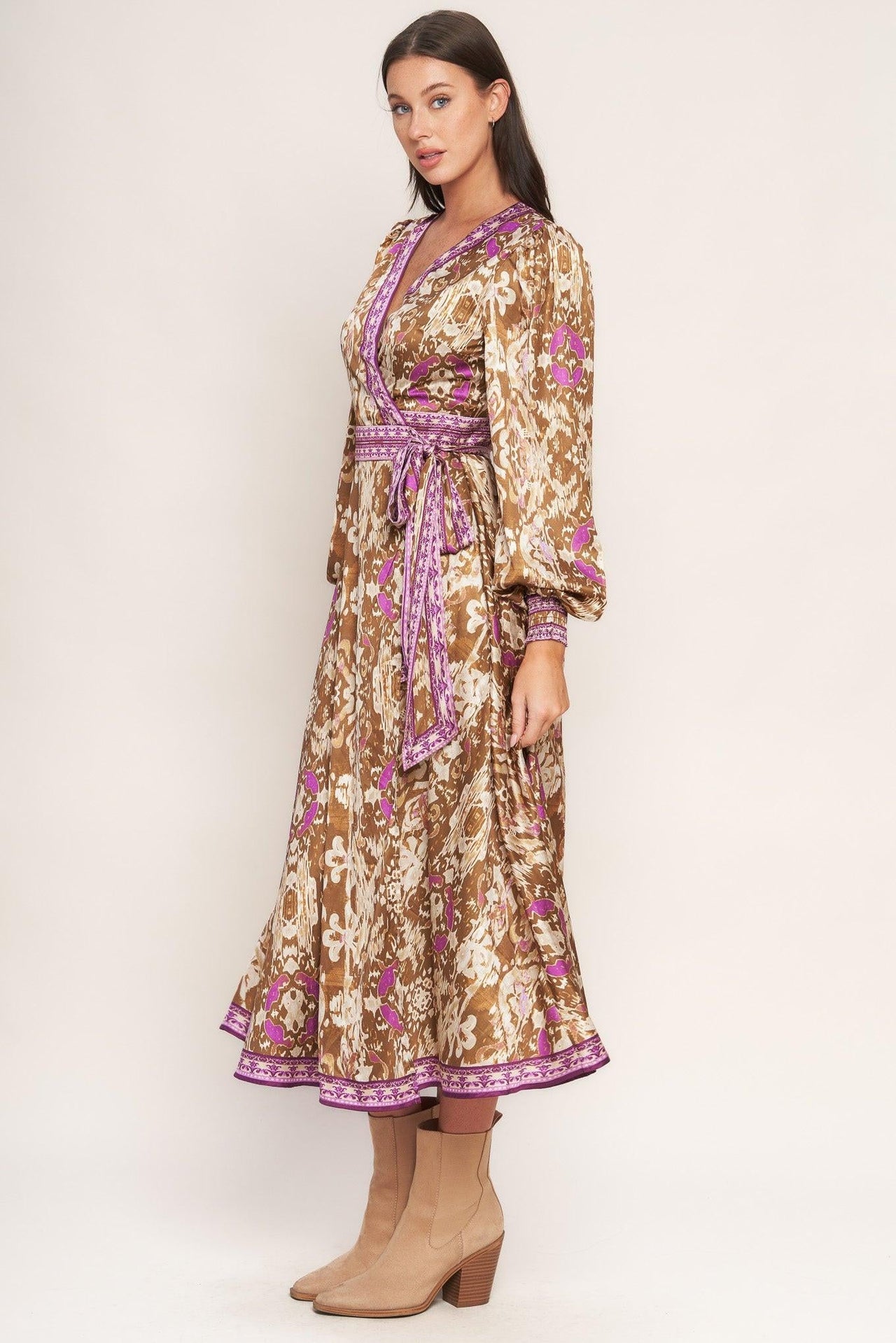 IKAT BLOOM WOVEN MIDI TRUE WRAP DRESS
