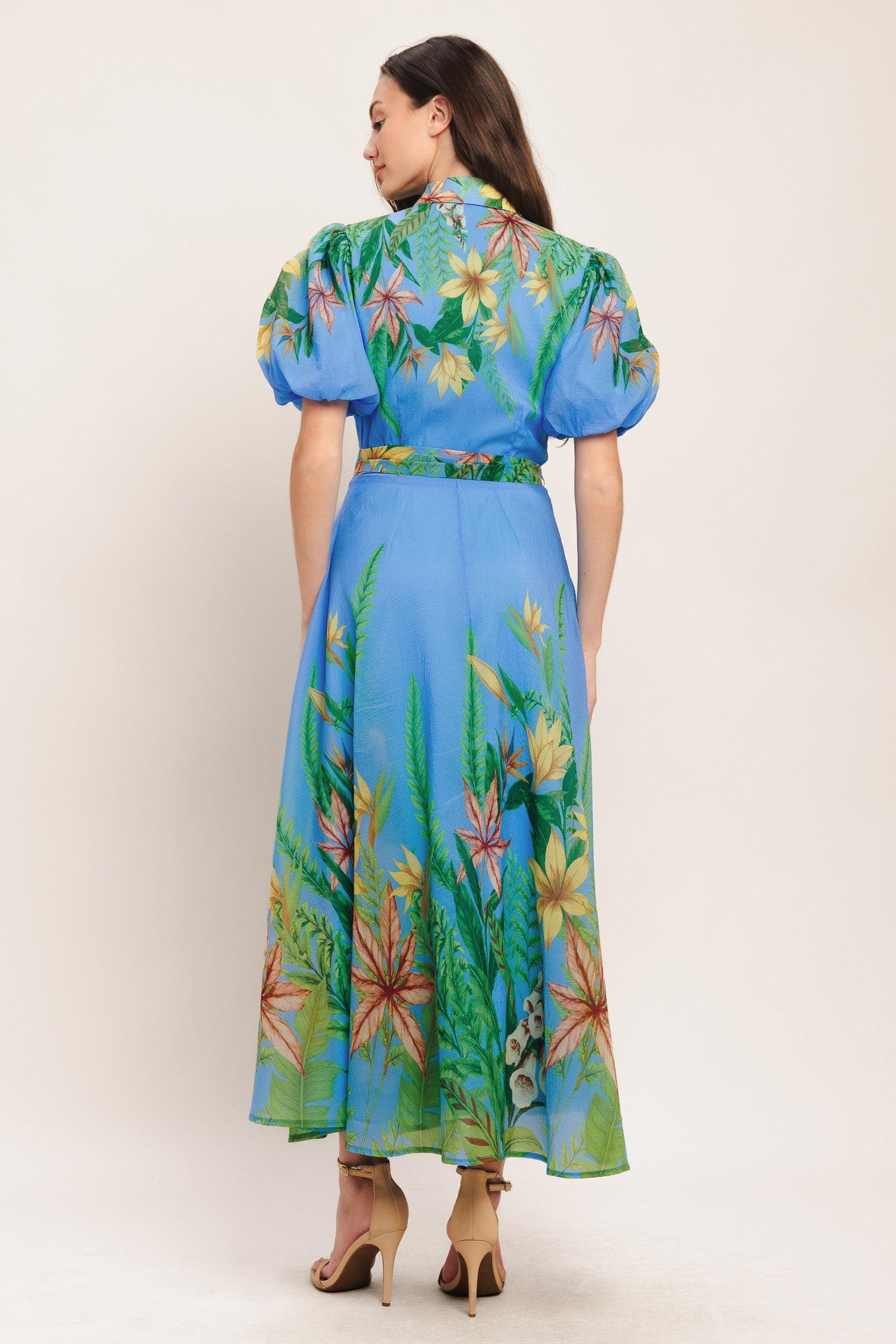 PALM SERENADE BLUE WOVEN MIDI DRESS