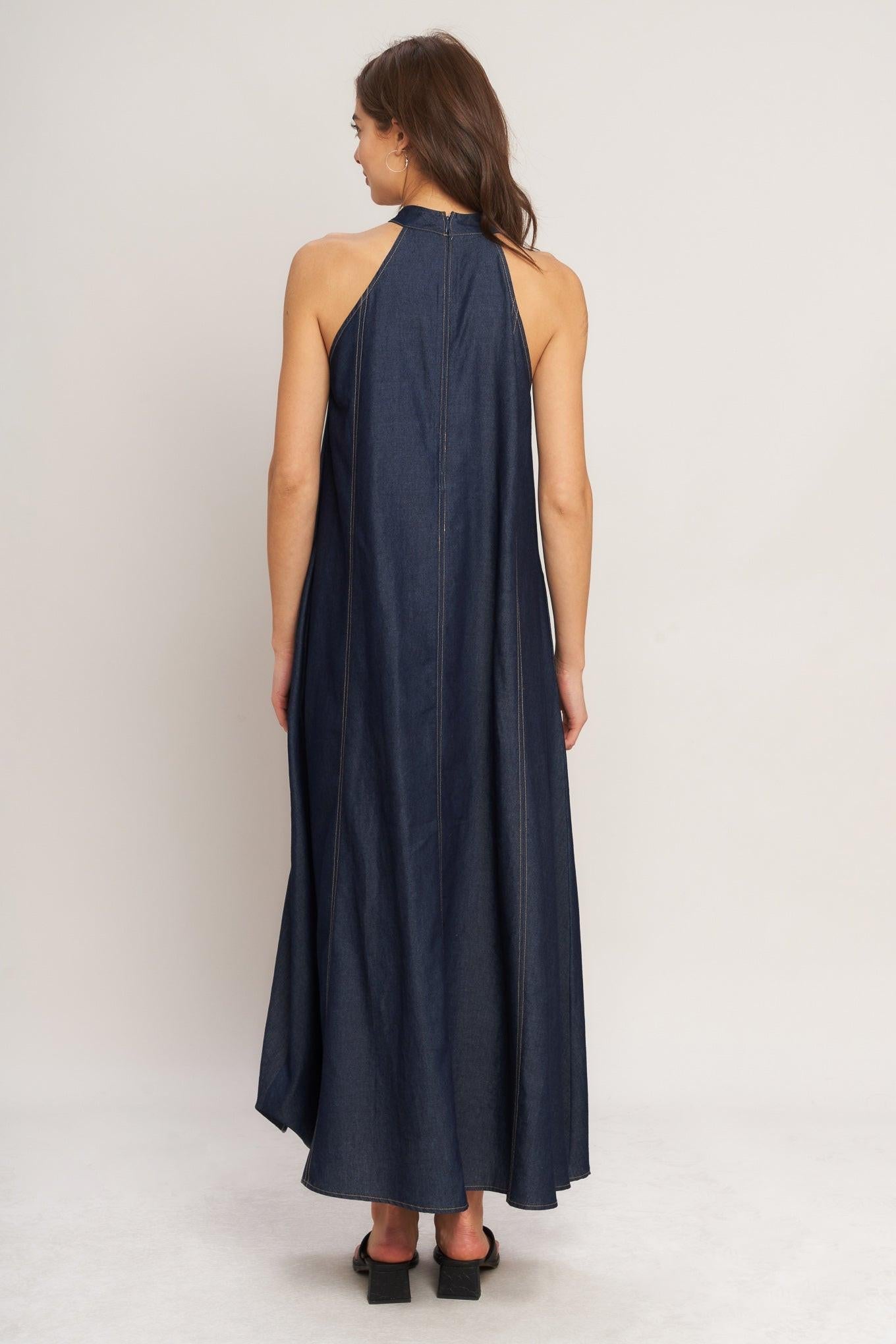 MIDNIGHT FLOW WOVEN MIDI HALTER DRESS