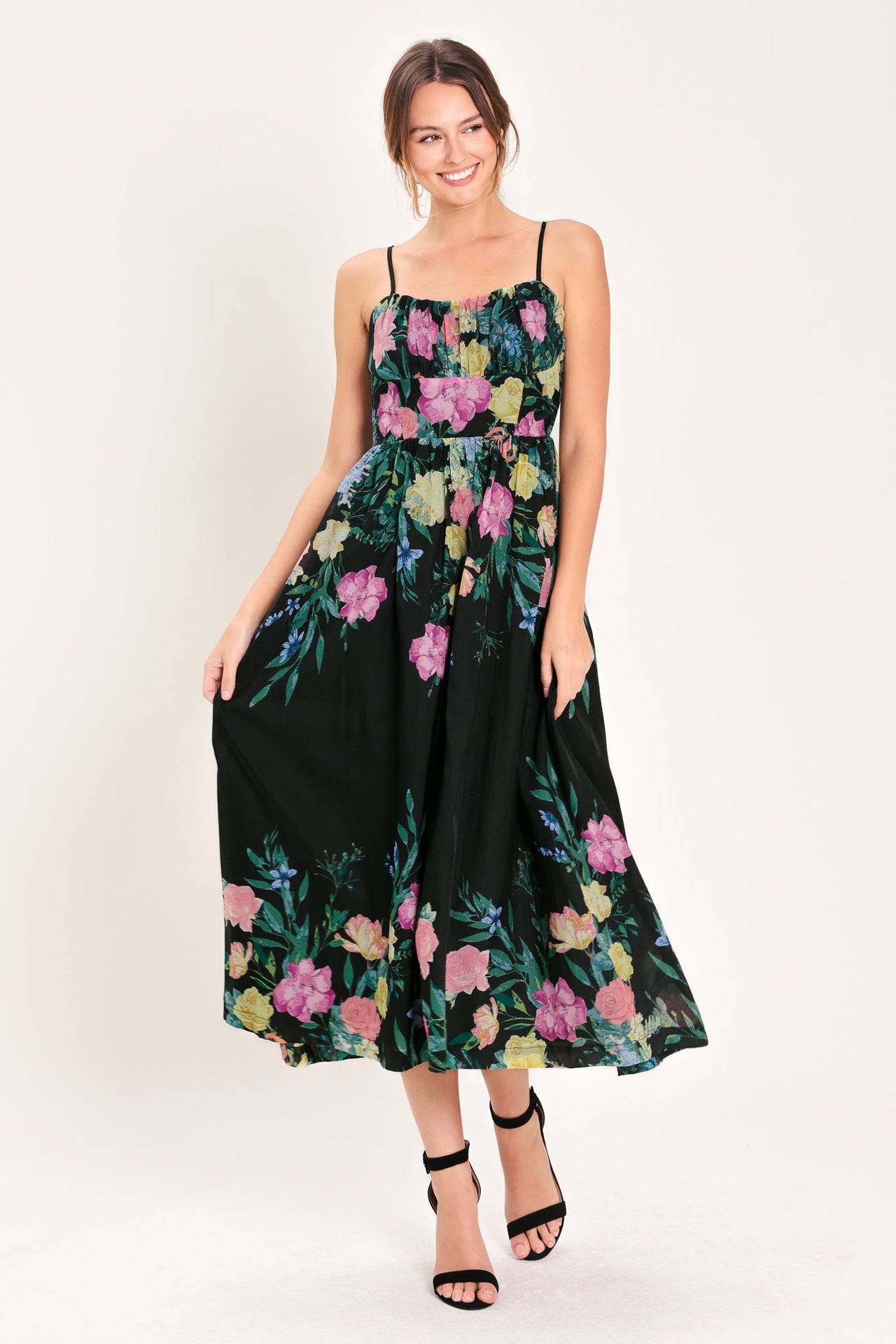SHADOW FLORAL WOVEN MIDI DRESS